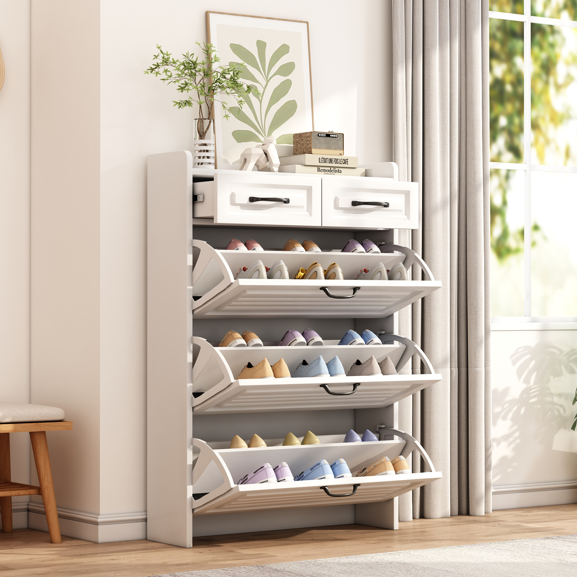Shoe Organizer Storage Cabinet, With 3 Flip Louvered Doors & 2 Drawers, Narrow — image 3