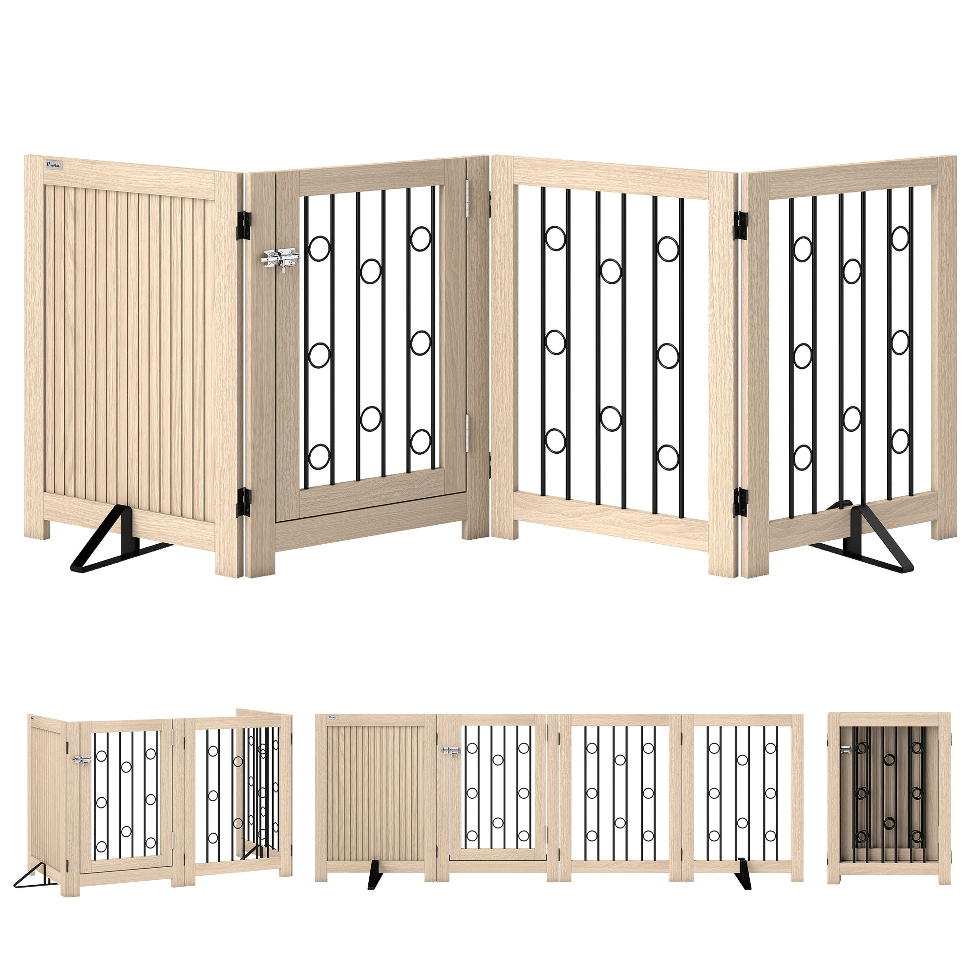 Freistehendes Haustiertor, Hundegitter Mit Tür, 4 Paneele, Für Flur, Treppe, Türrahmen, MDF, Stahl