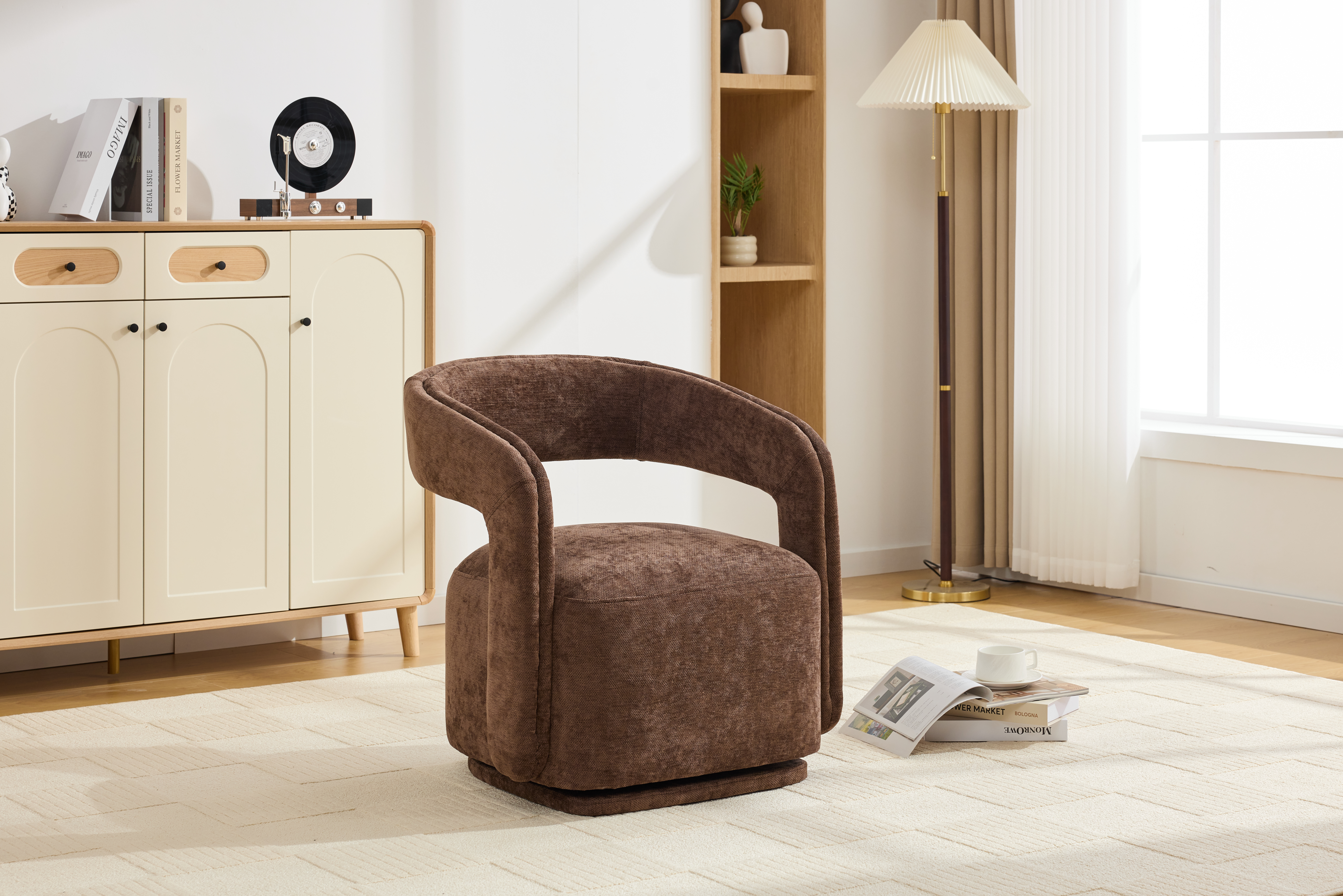 065 Chenille Fabric Accent Chair Armchair With Covered Wooden 360 Swivel Base — image 3