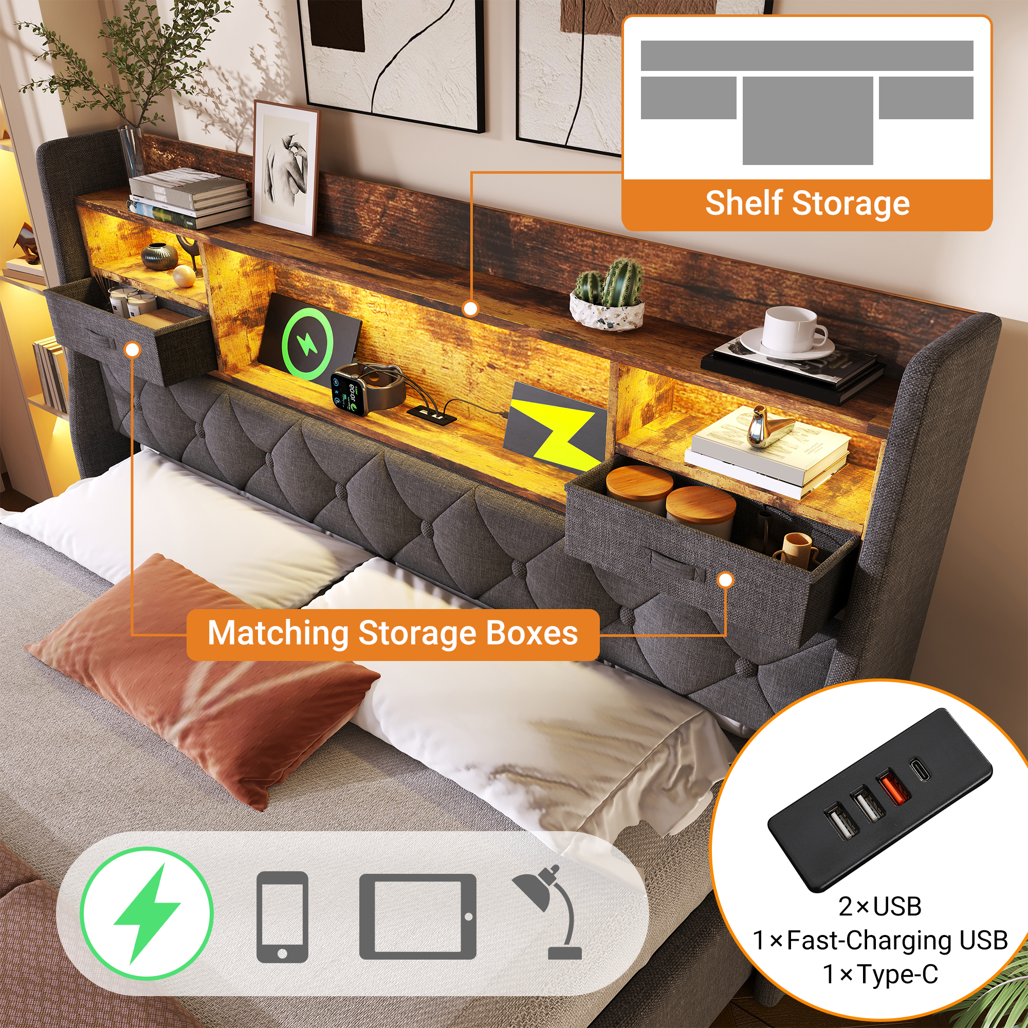 Upholstered Bed 6ft Hydraulic Bed With LED Lighting, USB Type-C Charging, Storage Headboard For Cellphones & Tablets, 180 X 200 Cm Super King Bed With Metal Slatted Frame, Linen, Grey   No Mattress