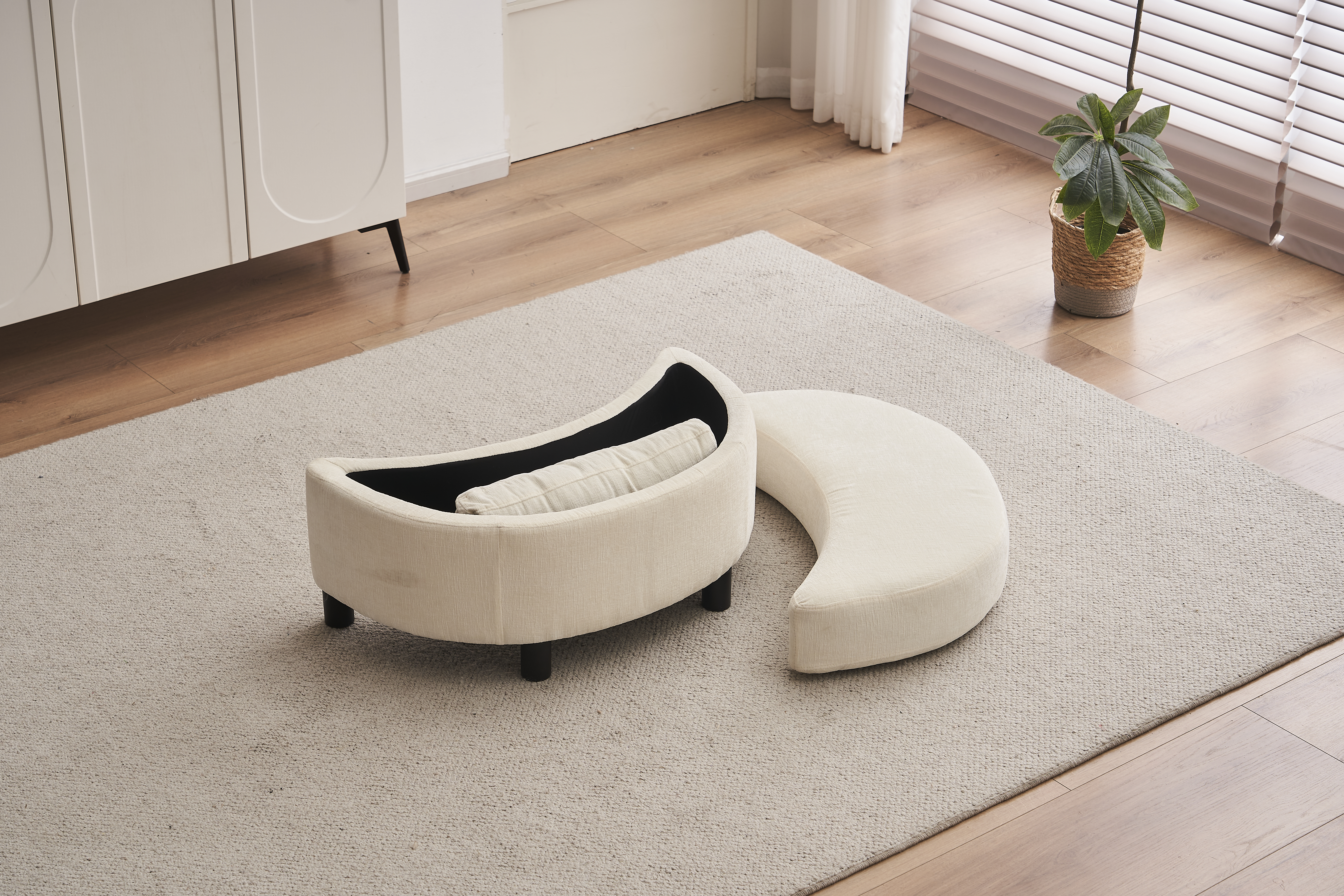 Chenille Swivel Armchair With 3 Back Cushion Pillow Ottoman Crescent Stool, Ivory