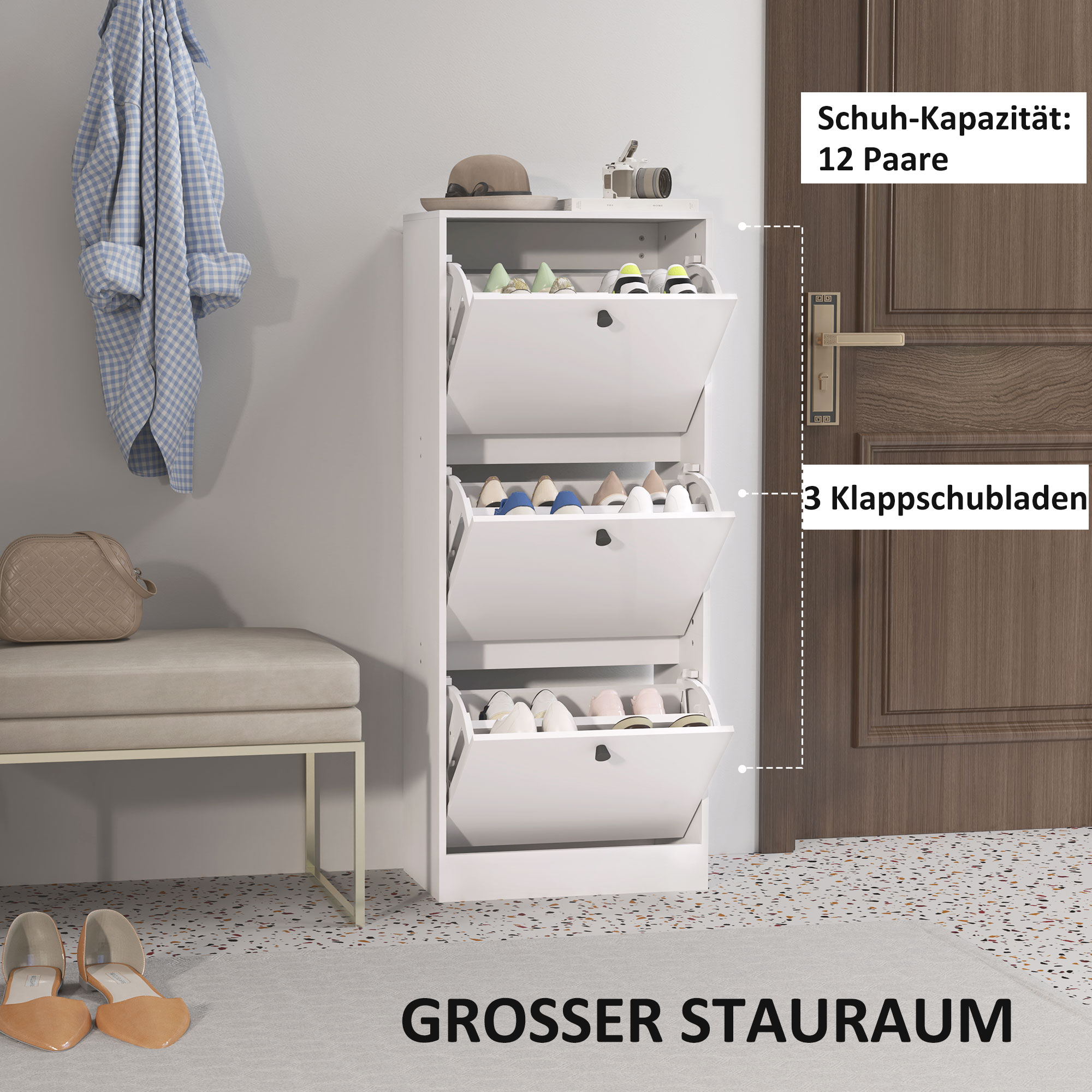 Schuhschrank, Schuhregal, 3 Klappfächer, Verstellbar, Spanplatte, Weiß