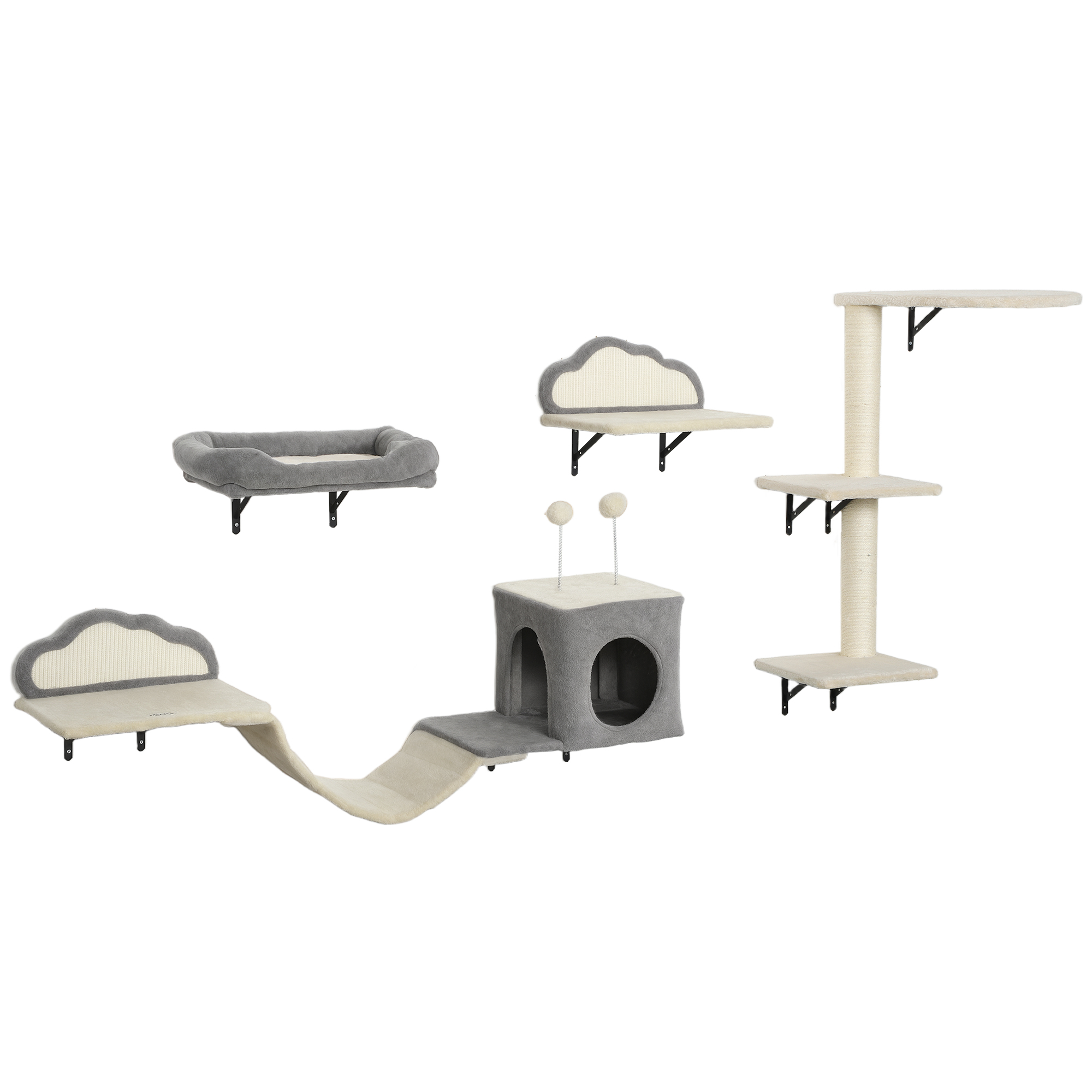 Wandmontiertes Kratzbaum-Set, Sisalkratzflächen, 4 Teile, Für 1-3 Katzen, Beige