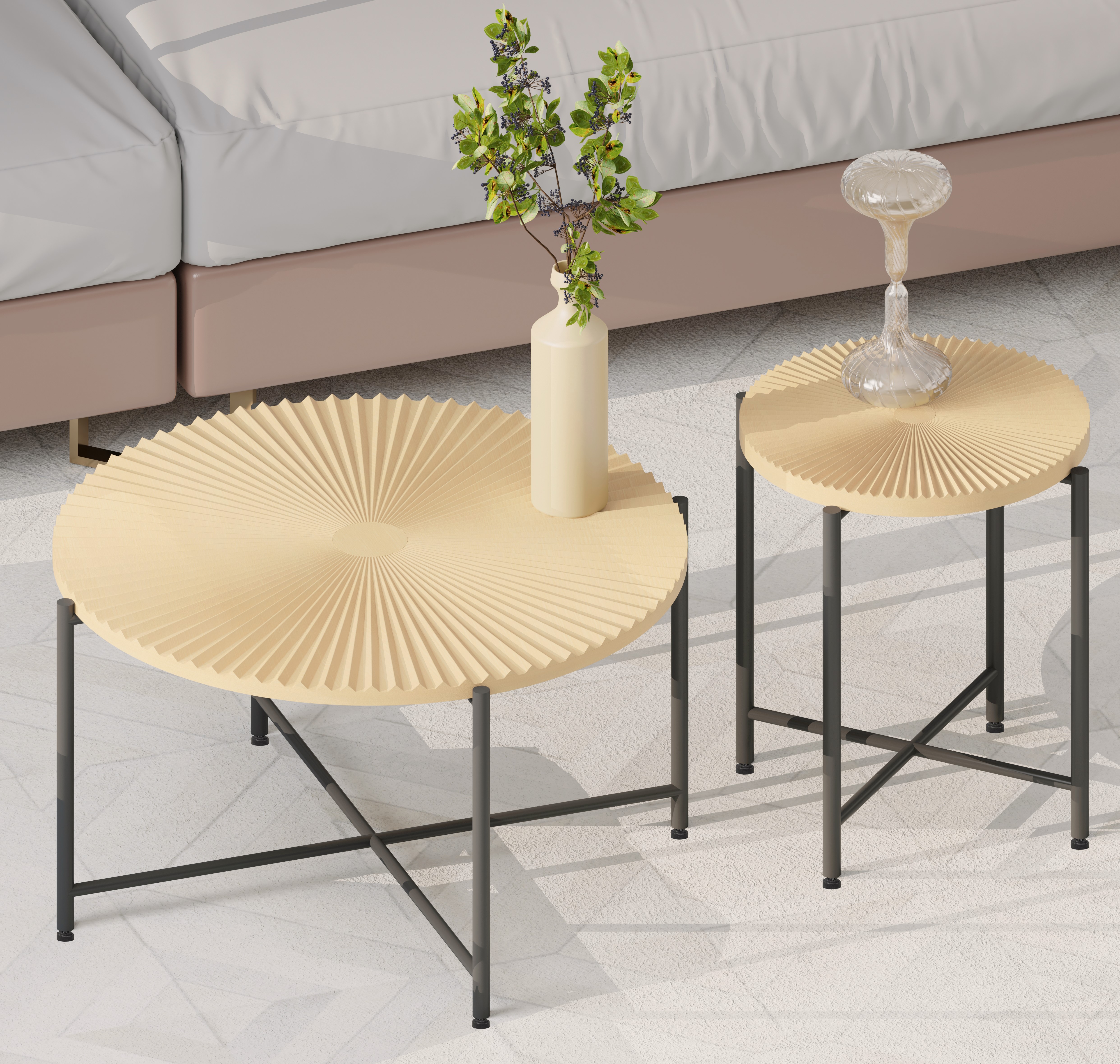 Radial Pattern 2-Piece Coffee And End Table Set -Waterproof MDF With PVC Cover, Distressed Cylindrical Design, Black Metal Legs - Classic Rustic Charm, Technical Wood