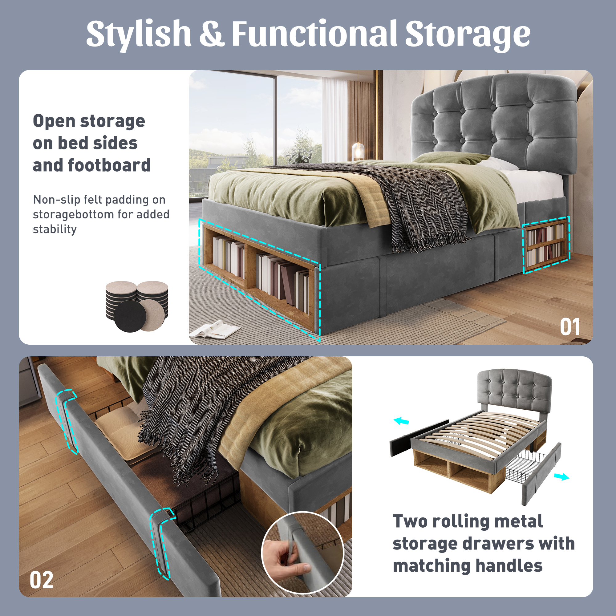 Upholstered Single Bed With Storage Compartments And Drawers, 3ft Single Bed With Adjustable Headboard, 90 X 190 Cm, Velvet, Grey   No Mattress