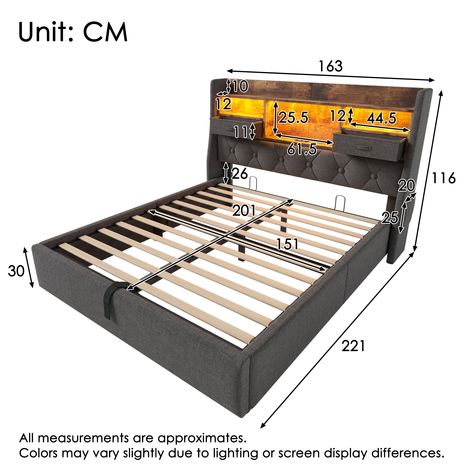 Upholstered King Bed 5ft Hydraulic Bed With LED Lighting, USB Type-C Charging, Storage Headboard For Cellphones & Tablets, 150 X 200 Cm King Bed With Metal Slatted Frame, Linen, Grey   No Mattress