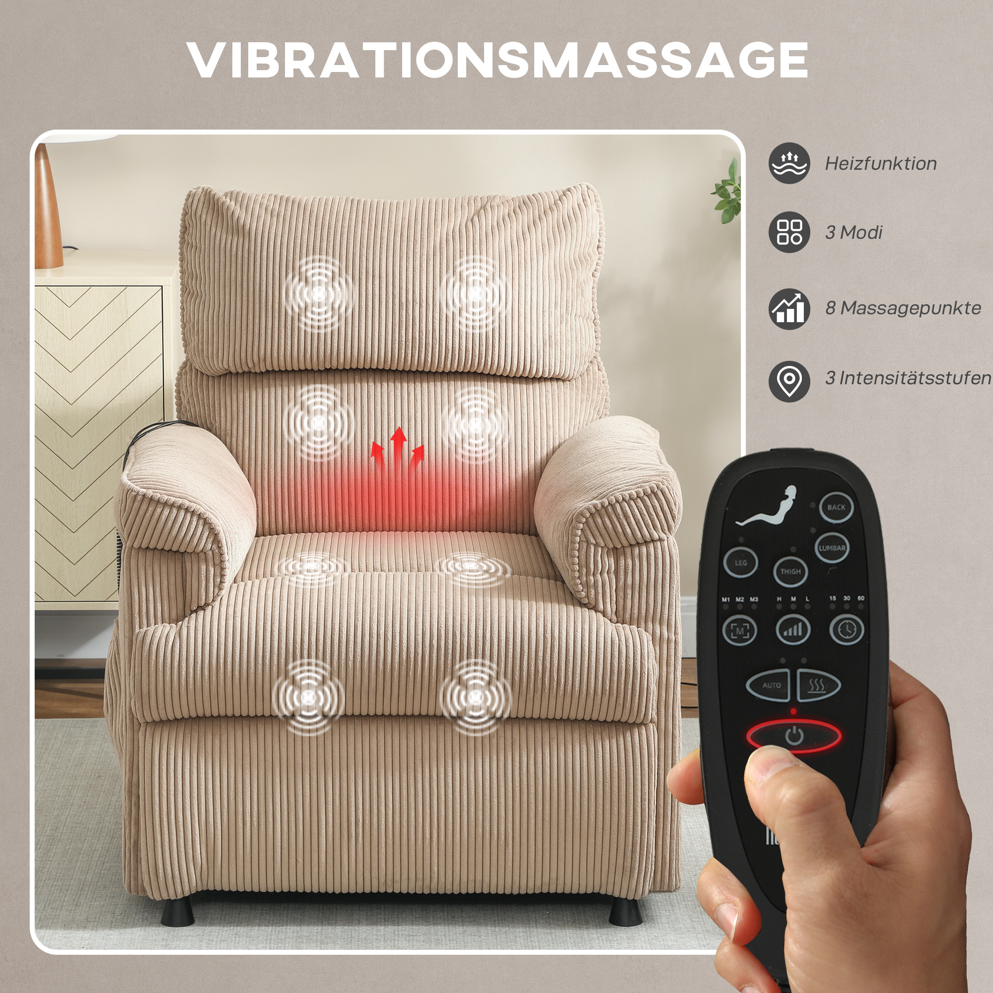 Massagesessel Mit Vibrationsmodi, Wärmefunktion, Leiser Motor, Memory-Funktion, Stahl, Stoffbezug, Braun