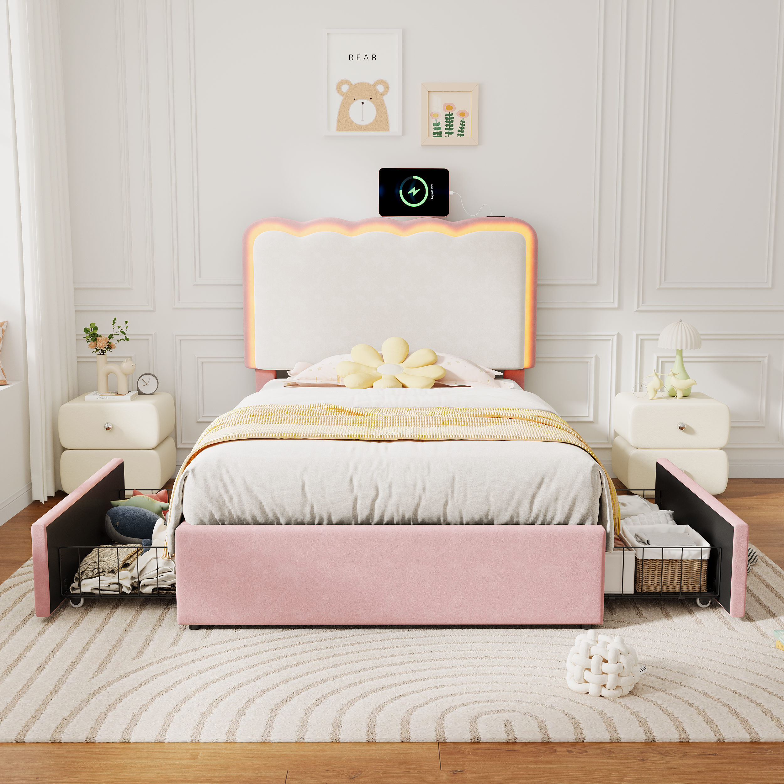 3ft Single Upholstered Bed With Adjustable LED Wavy Headboard, Soft Velvet Bed Frame With 2 Storage Drawers, Bed Frame With Solid Wood Slat, Easy Assembly,  Cream White   No Mattress