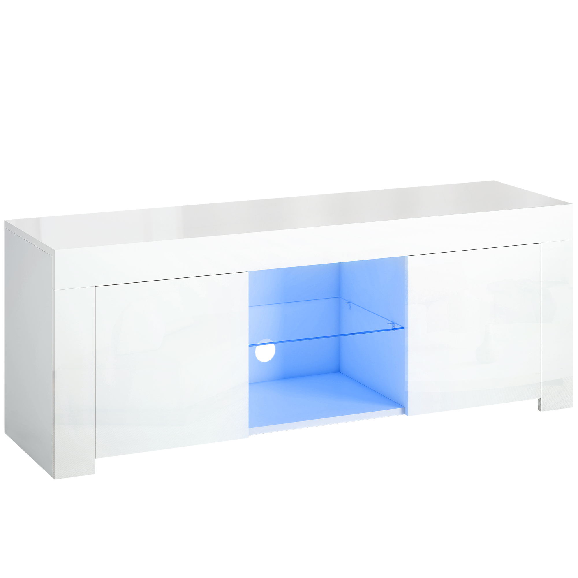 TV-Schrank Mit LED-Beleuchtung, 2 Schranktüren, Glasregal, Kabellöcher, Für Wohnzimmer, Spanplatte, Weiß