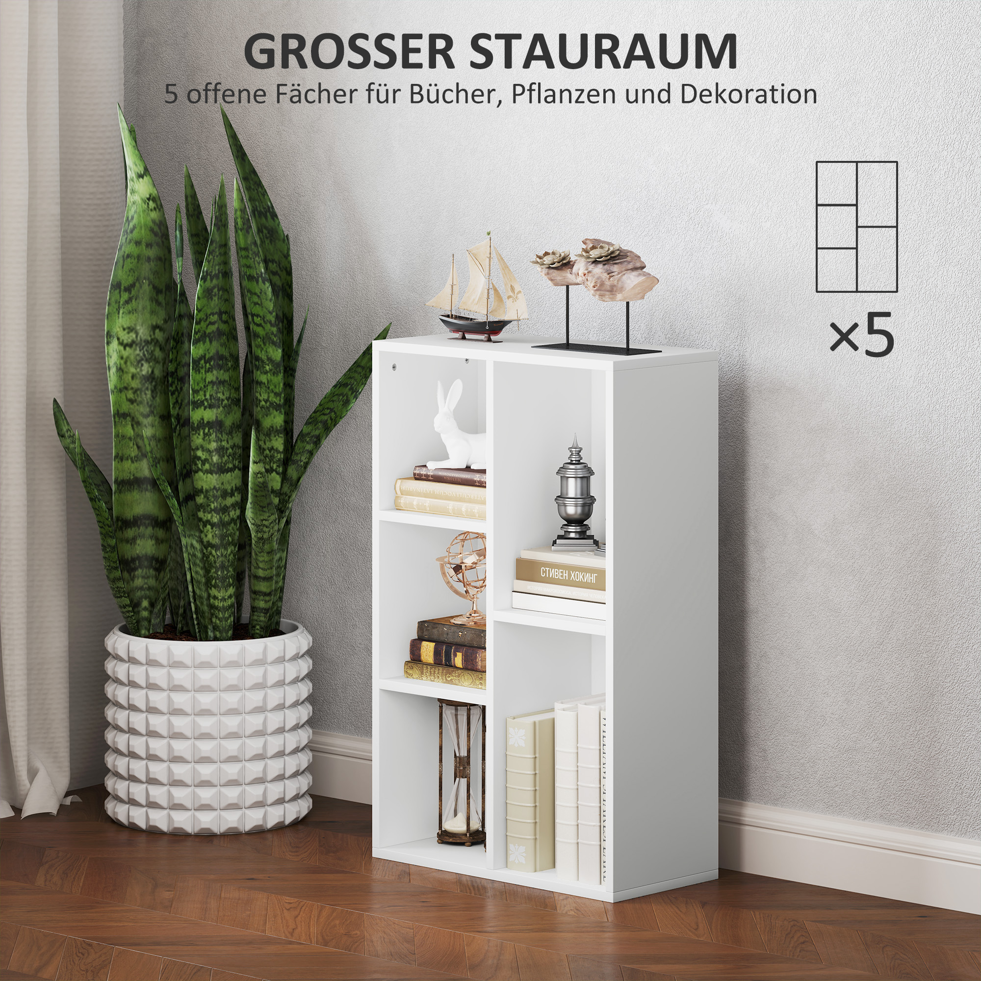 2-Ebenen-Bücherregal, 5 Fächer, Spanplatte, Aufbewahrungsregal, Weiß