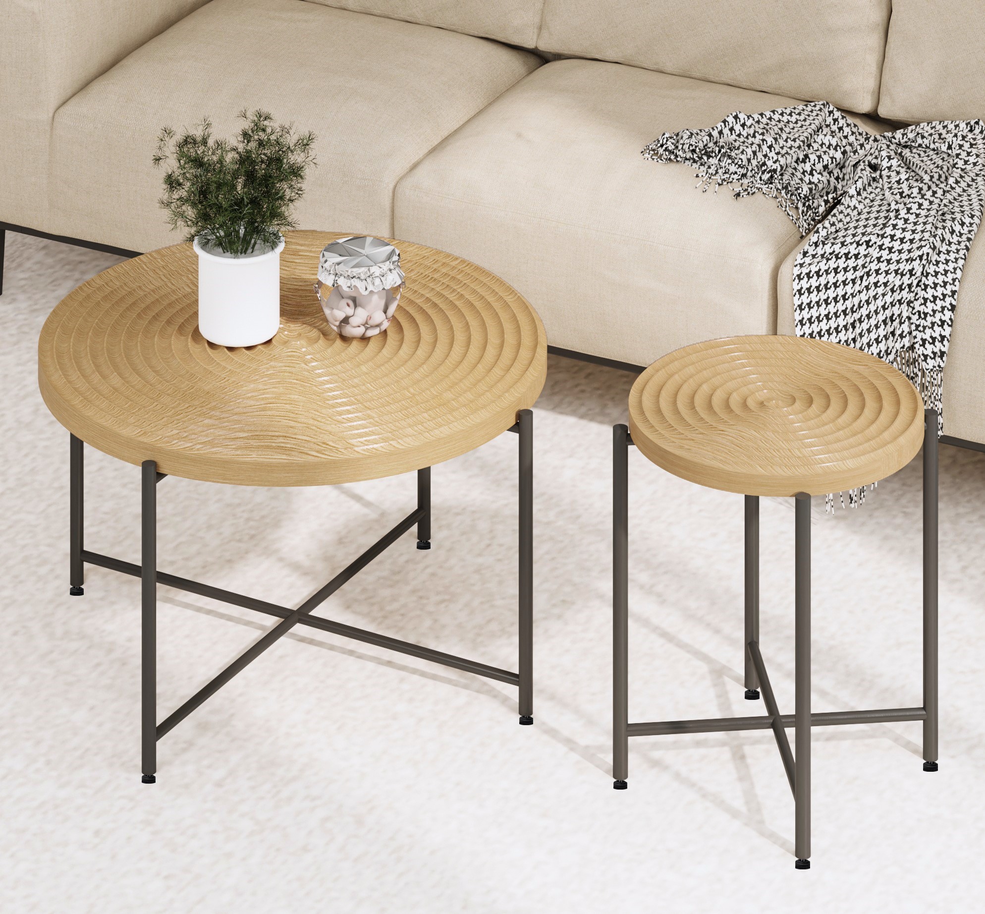 2-Piece Coffee And End Table Set -Waterproof MDF With PVC Cover, Distressed Cylindrical Design, Black Metal Legs -Classic Rustic Charm, Technical Wood