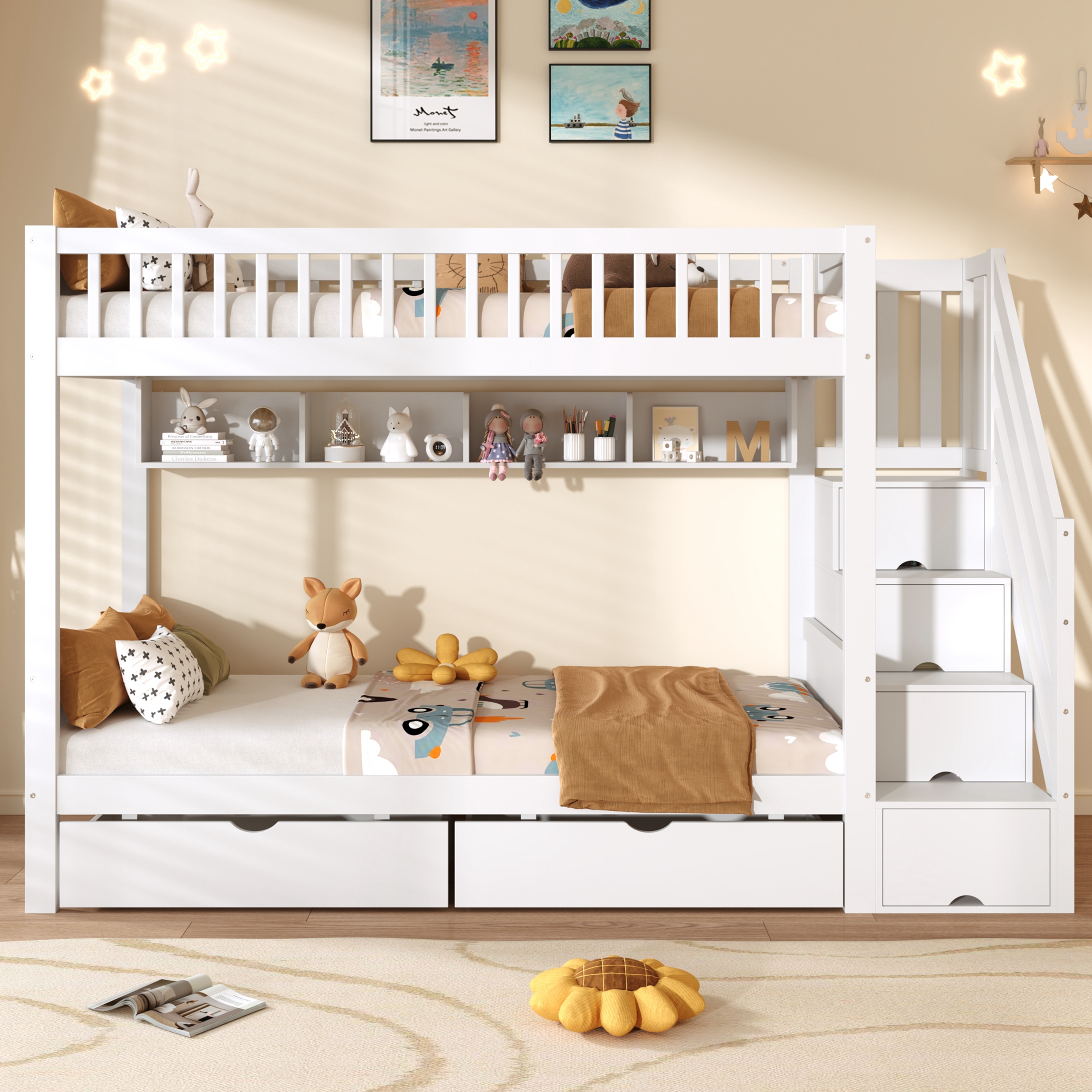 3ft Single Loft Bed With Under Bed Drawers, High-Quality Solid Wood Bunk Bed Frame With Integrated Stairway Storage, Shelving And Hidden Lockers, Safety Guardrails, White   No Mattress