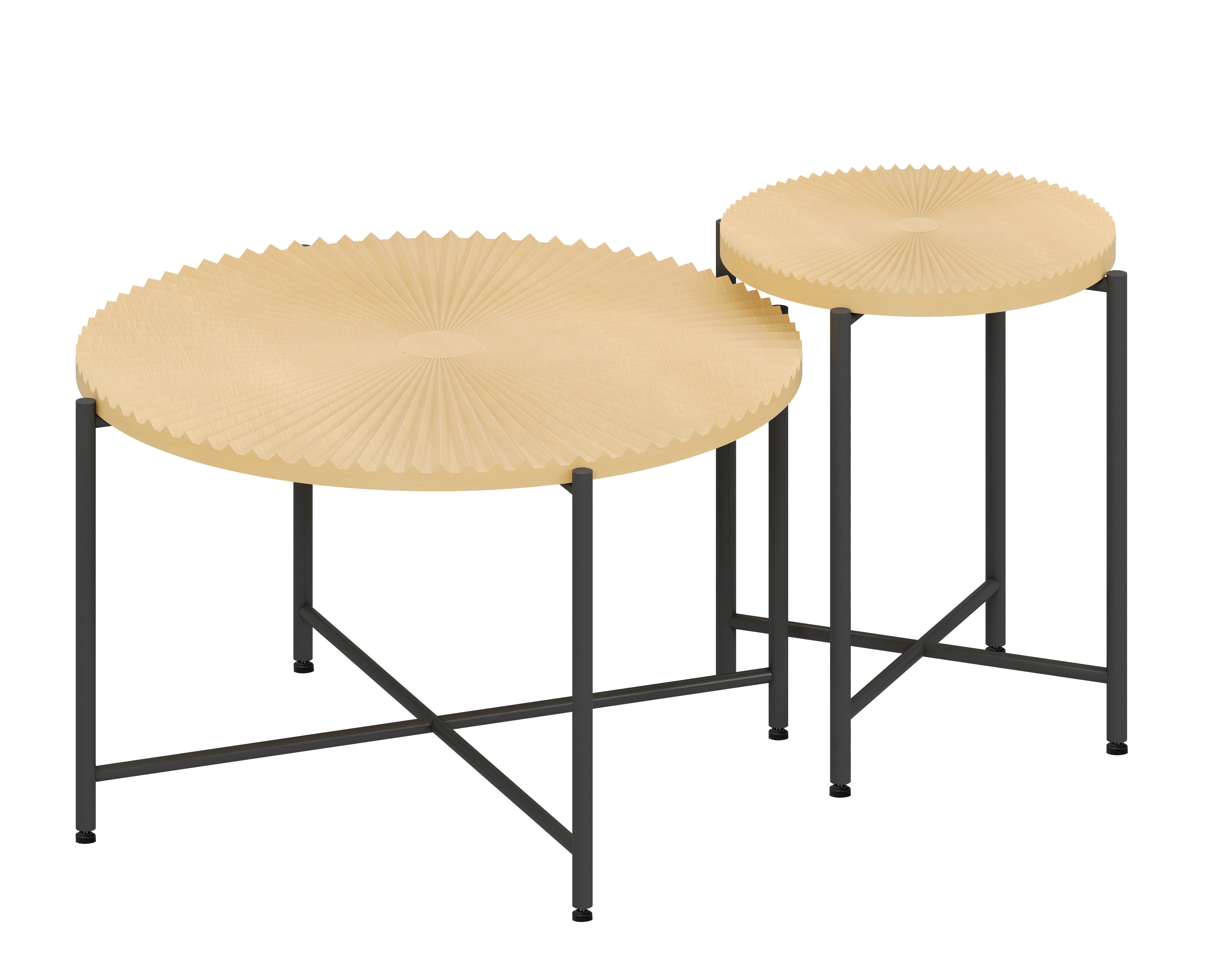 Radial Pattern 2-Piece Coffee And End Table Set -Waterproof MDF With PVC Cover, Distressed Cylindrical Design, Black Metal Legs - Classic Rustic Charm, Technical Wood
