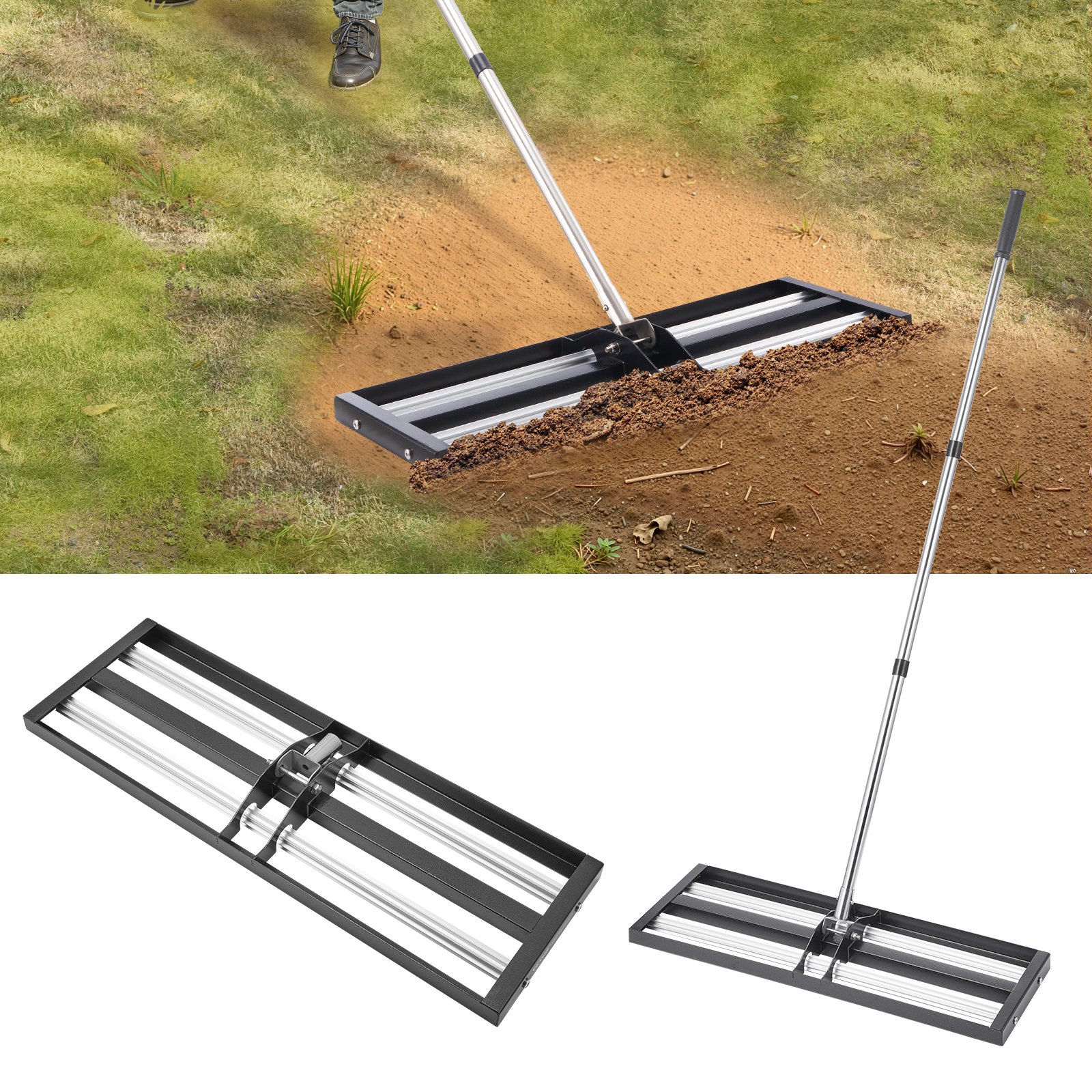 Updated Lawn Leveling Rake With Roller, 30 X 10 Stainless Steel Lawn Leveler With 83.9 Adjustable Handle, Heavy Duty Yard Leveling Rake, Effort Saving Lawn Leveling Tool For Yard Golf Court