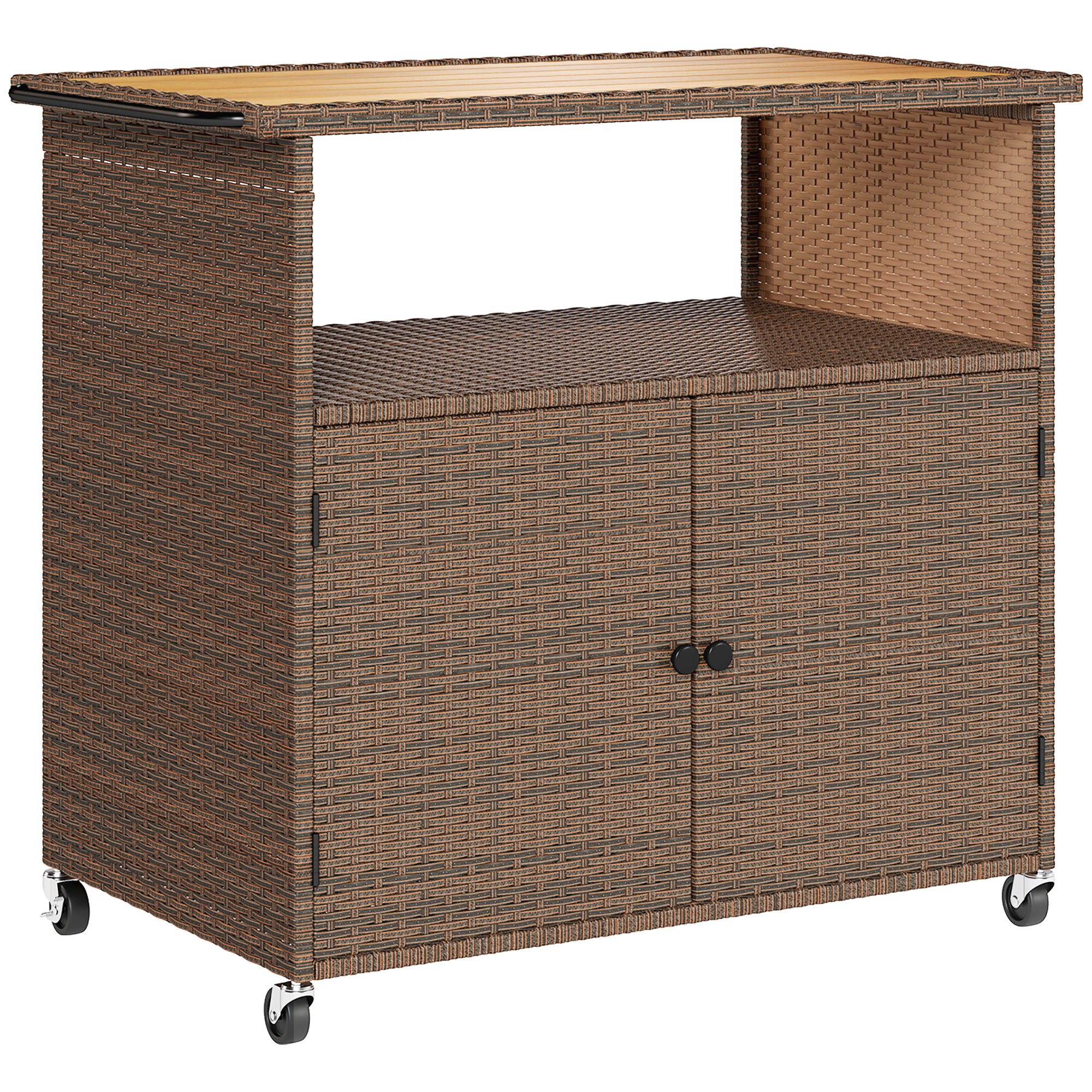 Servierwagen Rattan Küchenwagen Mit FSC Eukalyptusholz-Arbeitsplatte Ablagefach Rollen Seitengriff 95 X 54 X 84 Cm