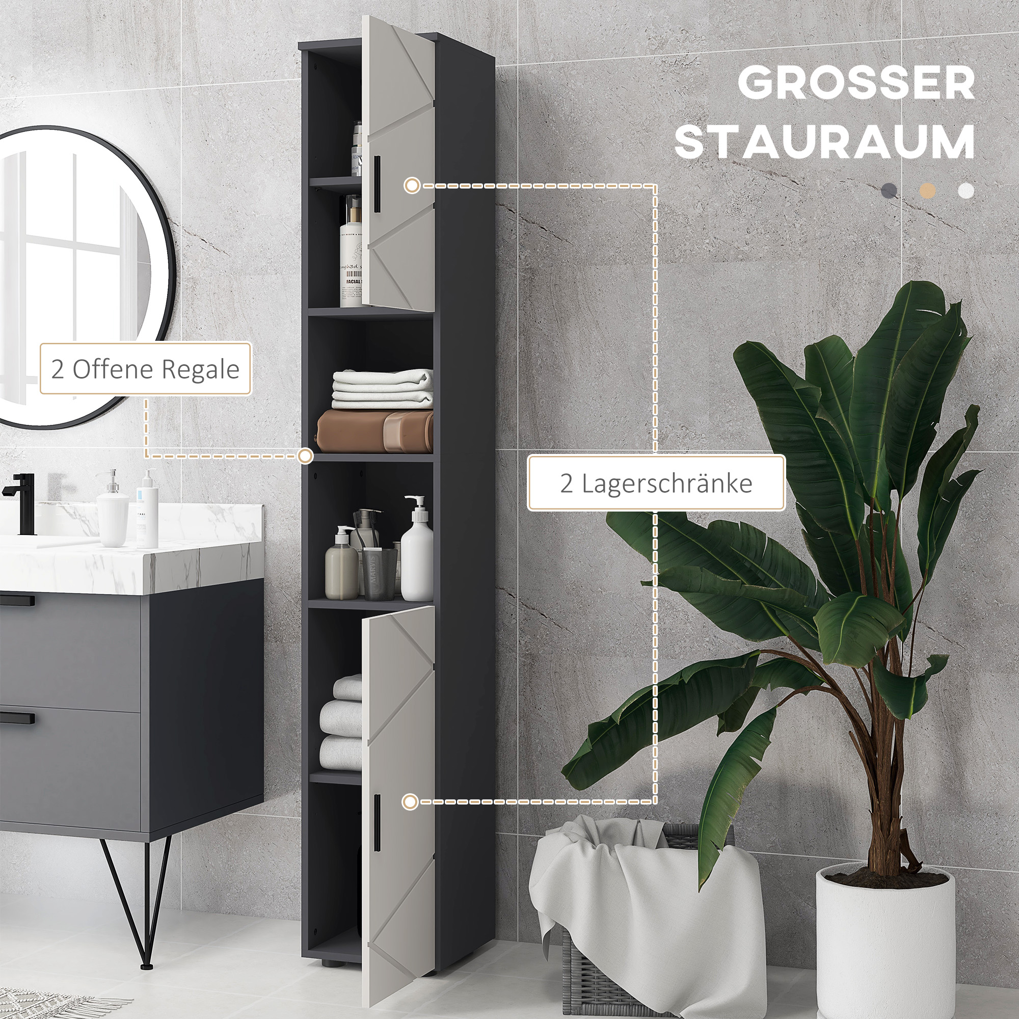 Badezimmerschrank, Badschrank, Verstellbare Regale, Spanplatte, Hellgrau
