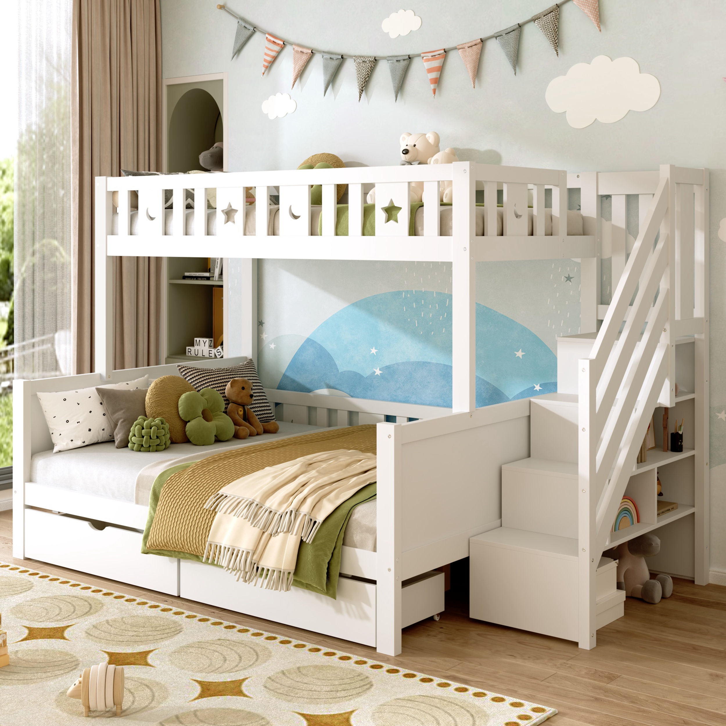 Bunk Bed With Two Storage Drawers And Side Hidden Storage Compartments, Solid Wood Loft Bed Frame With Space-Saving Design, Safety Guardrails & Staircase, Star And Moon Motifs, White   No Mattress