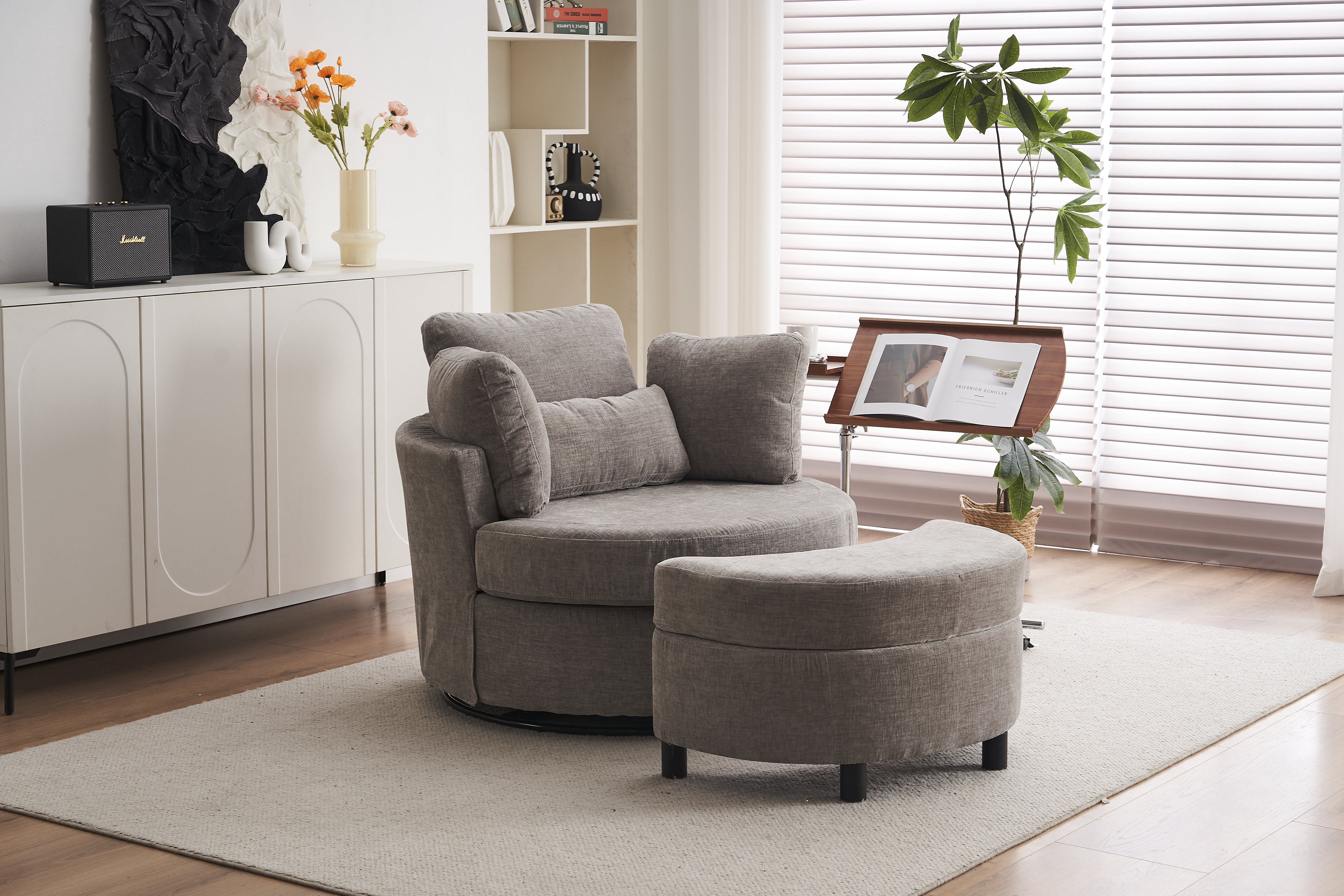 Chenille Swivel Armchair With 3 Back Cushion Pillow Ottoman Crescent Stool