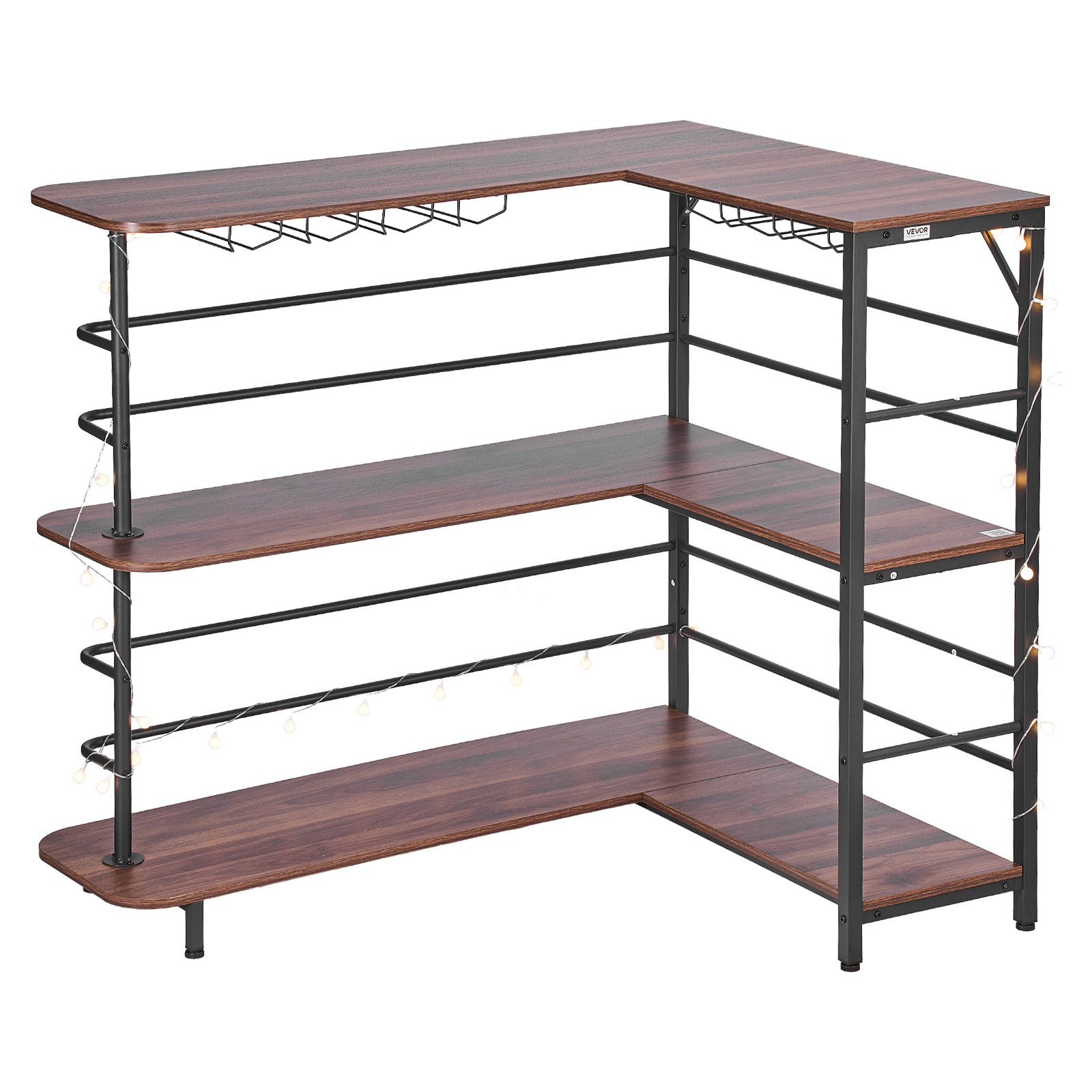 Home Bar Unit, L-Shaped Wine Bar Cabinet Table 3-Tier With Storage Shelves, Adjustable Foot Pads, LED Light, Walnut Finish & Metal Frame Liquor Cabinet For Home, Kitchen,Living Room,Pub,Basement