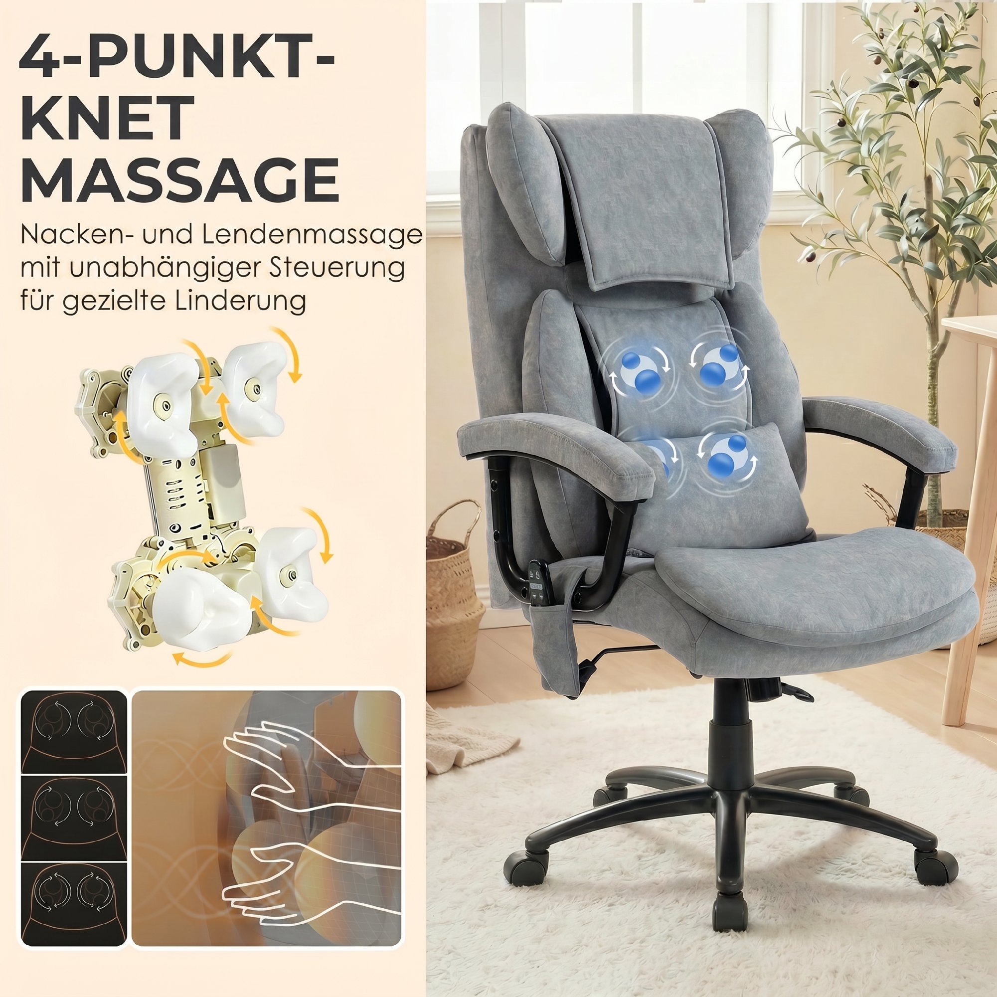 Ergonomischer Massage-Bürostuhl Mit 4 Knetpunkten, Chefsessel Mit Hoher Butterfly-Rückenlehne, Breitem Sitz, Grau