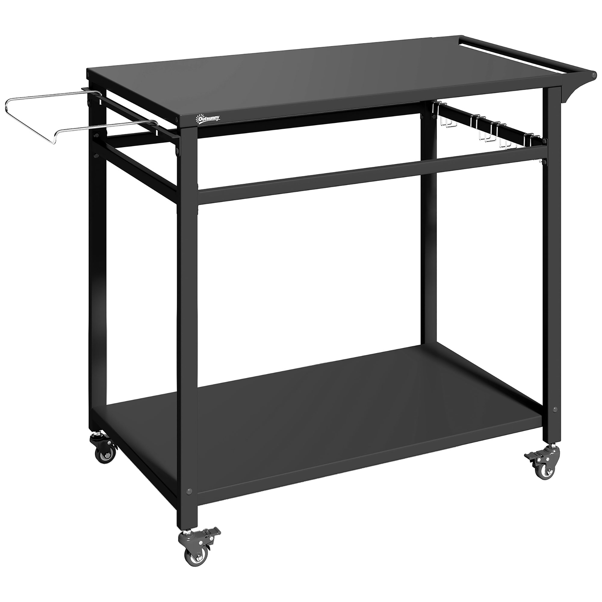 Küchenwagen Mit Rollen, 2-stöckiger Servierwagen Mit Müllbeutelhalter, Haken, Griffe, 113 X 50,5 X 88 Cm Schwarz