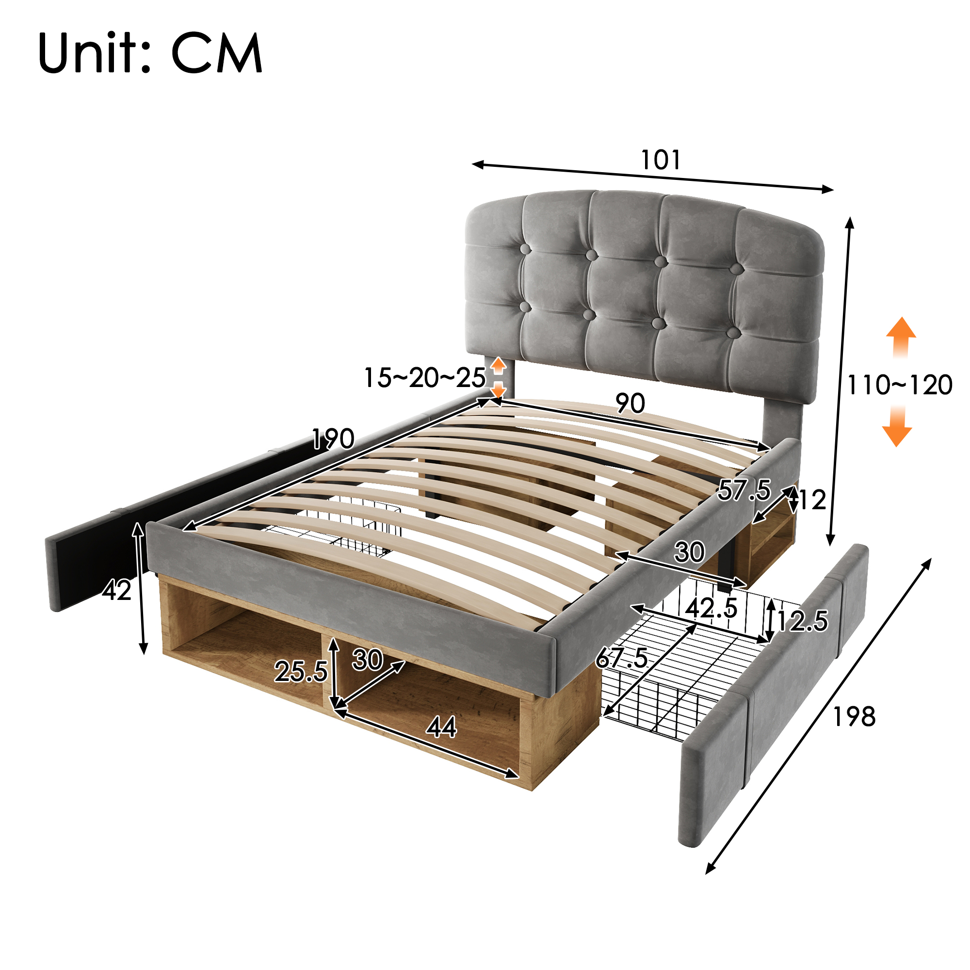 Upholstered Single Bed With Storage Compartments And Drawers, 3ft Single Bed With Adjustable Headboard, 90 X 190 Cm, Velvet, Grey   No Mattress