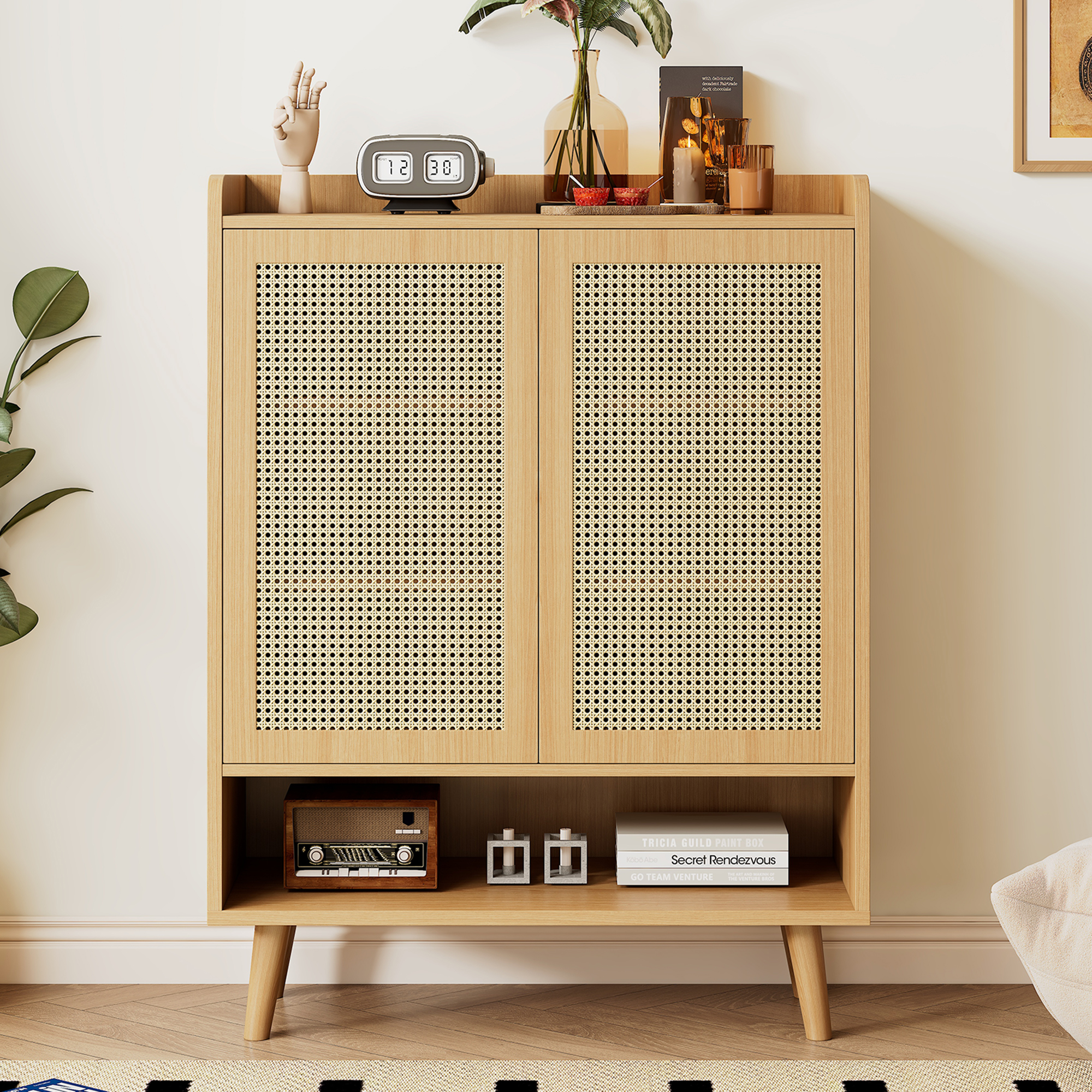 Natural Rattan Storage Cabinet & Shoe Cabinet Comb, 5-Tier Shoe Cabinets Storage For Boots Or Heels Freestanding Shoe Cupboard For Hallway, Entryway, 80 X 35 X 105 Cm