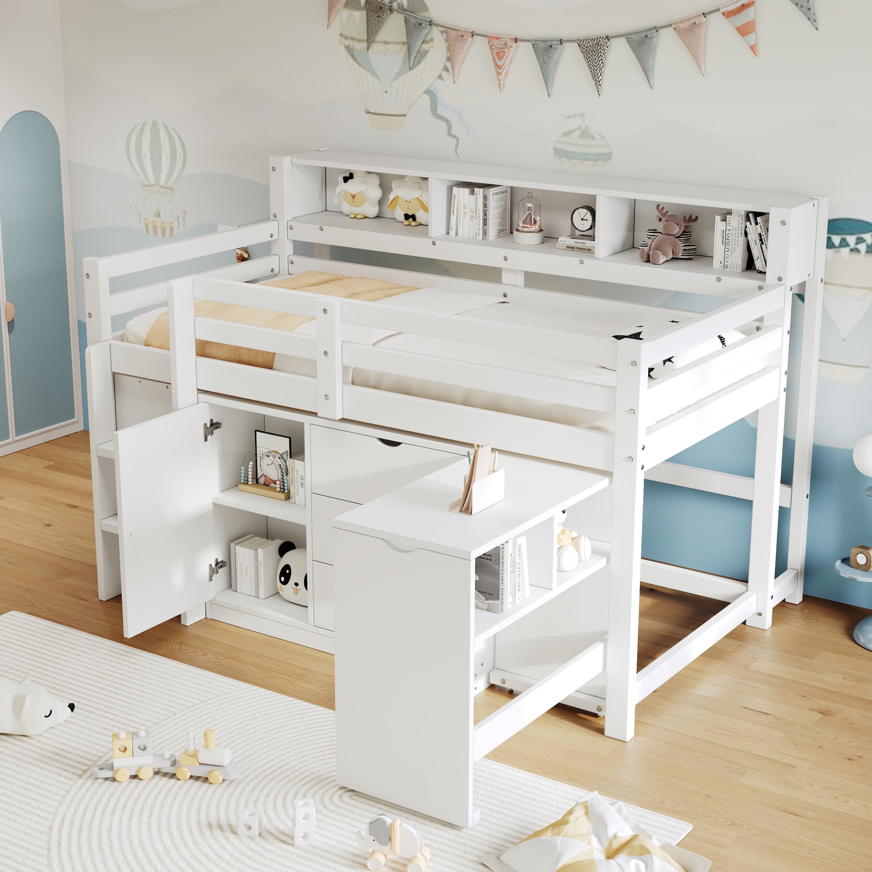 3ft Single Wooden Storage Bed With Pull-out Desk, Modern Wood Bed With Three Drawers, Storage Cabinet & Headboard Shelves, Space-saving Design With Storage Compartment, White   No Mattress