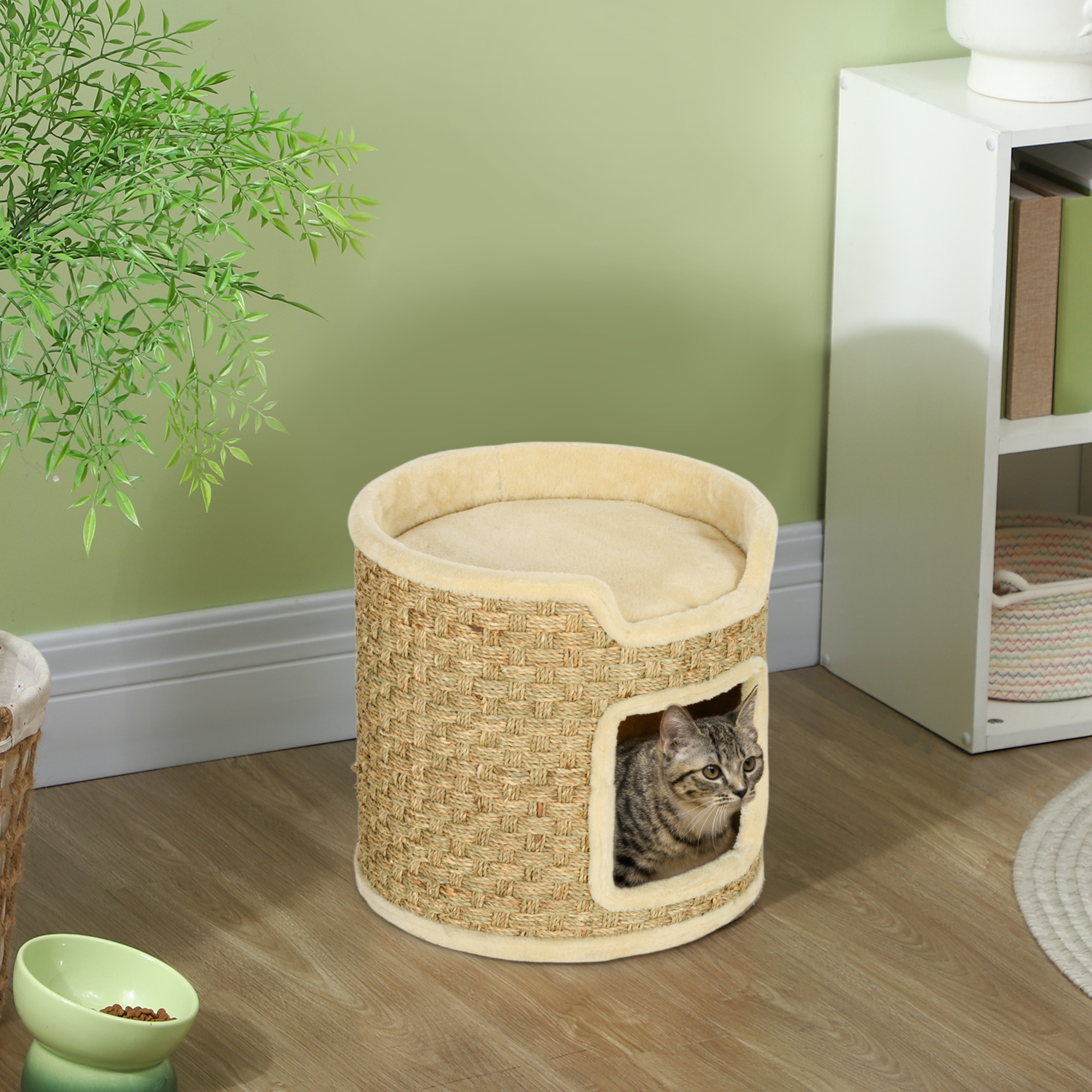 Katzenkratzbaum, Spiel- Und Entspannungsbereich, Plüsch, Φ38 X 37H Cm, Khaki-Beige, Bis Zu 5 Kg