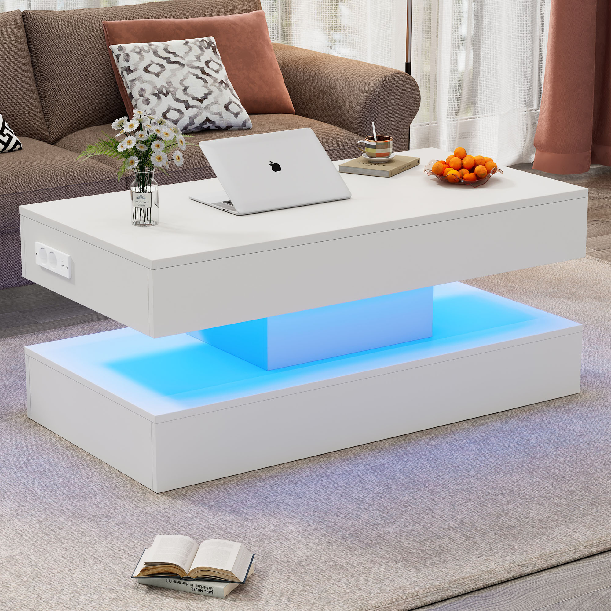 Modern Coffee Table With LED Lighting And Hidden Storage Space - Side Table With Hydraulic Lift, 100x50x42 Cm