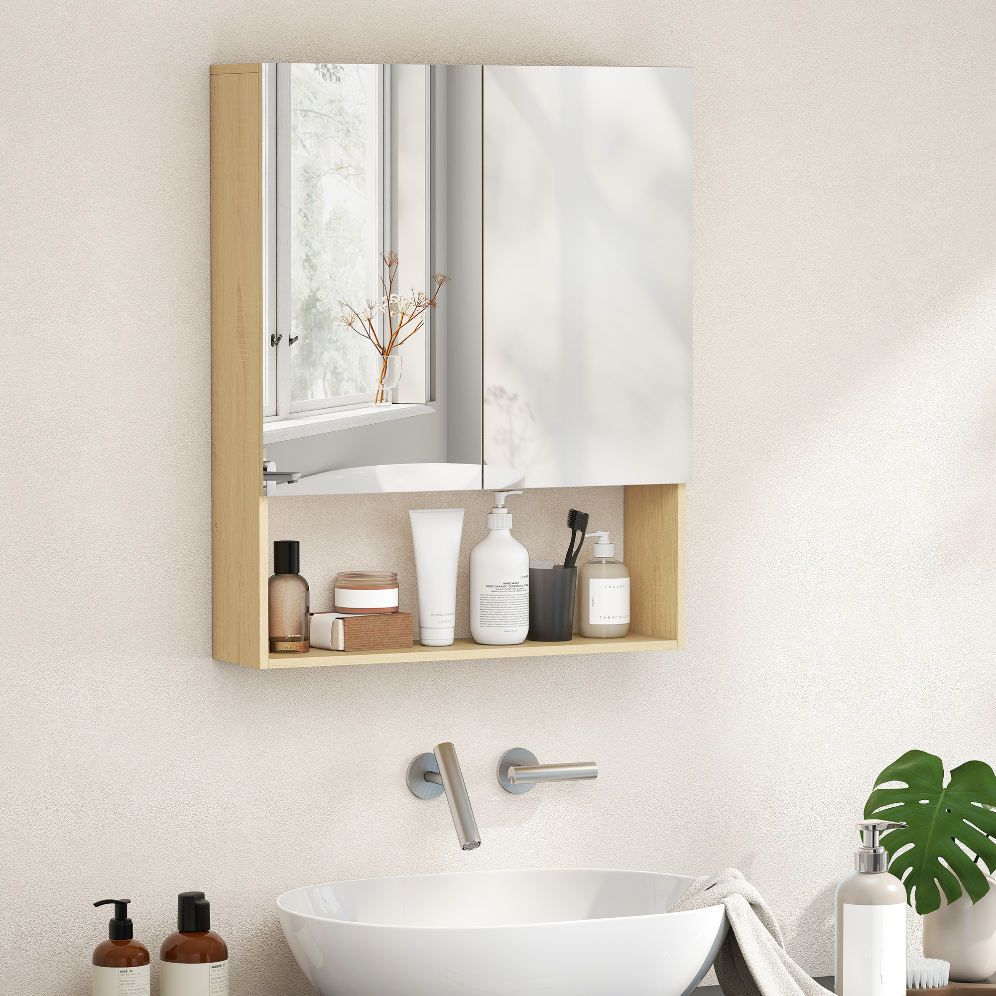 Badezimmerschrank, Spiegeltüren, Offenes Regal, Wandmontage, MDF, Spanplatte, Eiche