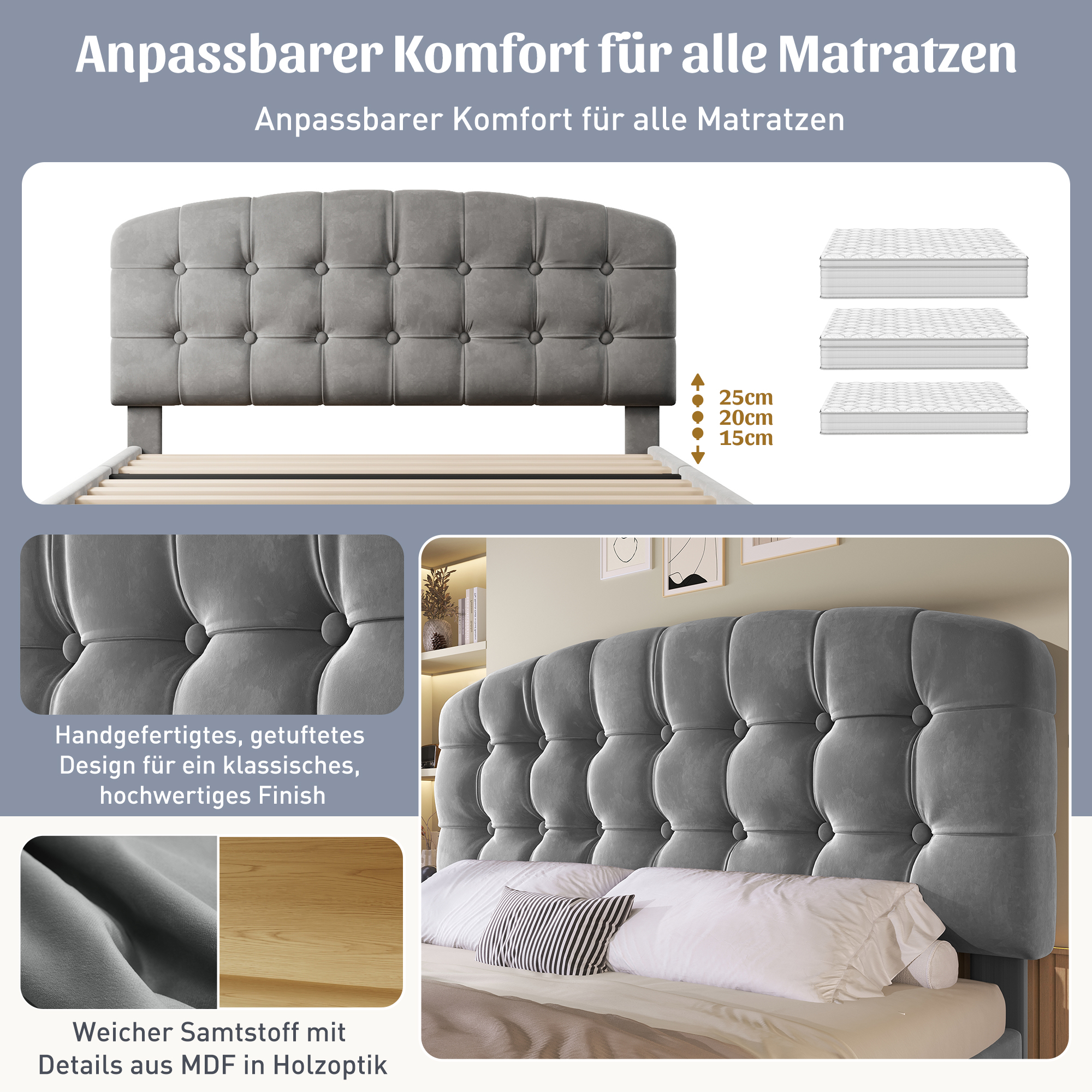 Upholstered Double Bed With Storage Compartments And Drawers, 4ft6 Double Bed With Adjustable Headboard, 135 X 190 Cm, Velvet, Grey   No Mattress