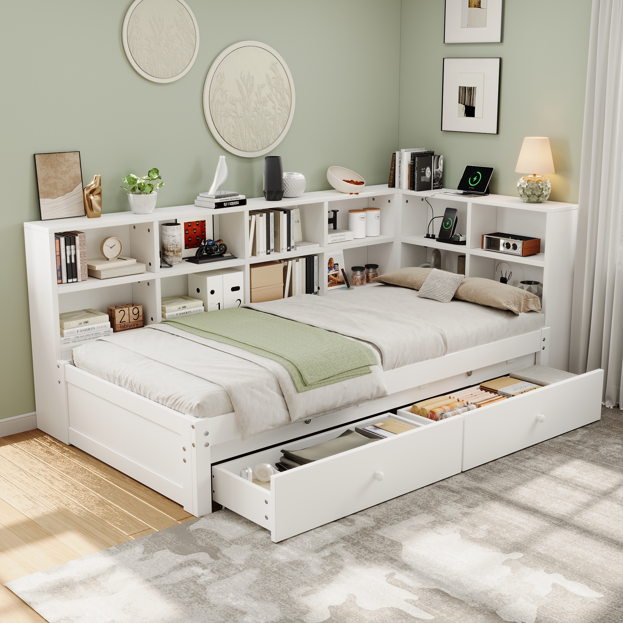 3ft Single Daybed With Two Storage Drawers And Beside Storage, Modern Pull-out Trundle Bed With Charging Station, Wood Bed For Living Room   Bedroom   Study Room, 90X190cm, White   No Mattress