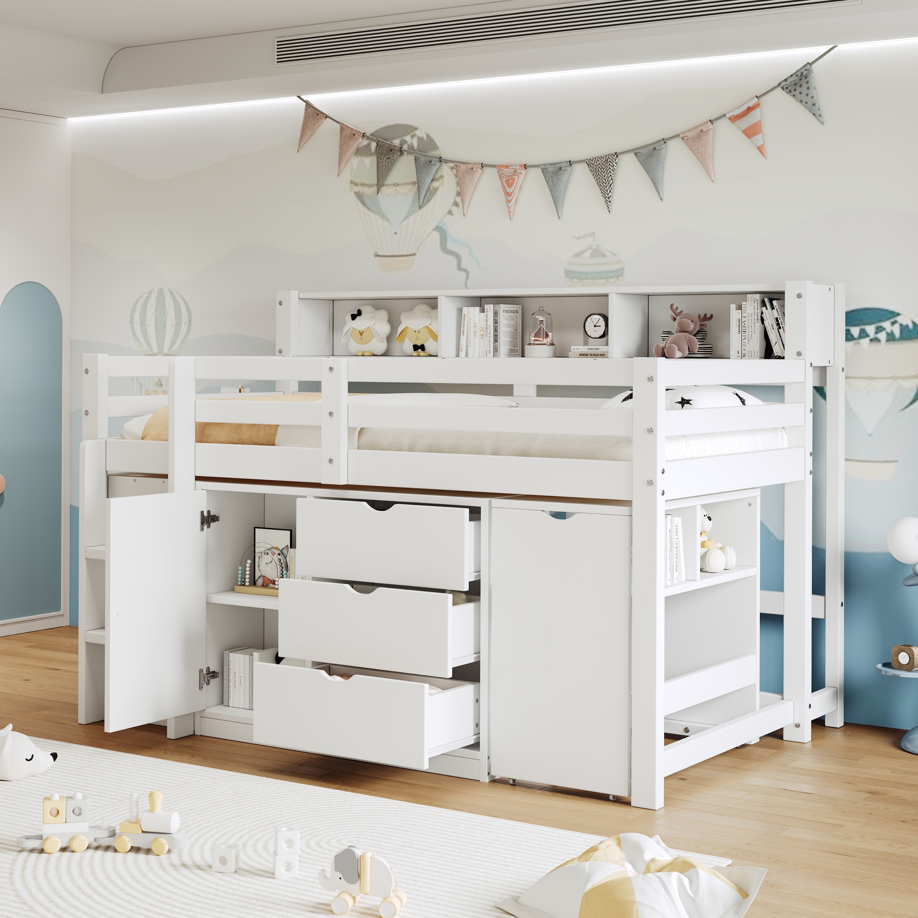 3ft Single Wooden Storage Bed With Pull-out Desk, Modern Wood Bed With Three Drawers, Storage Cabinet & Headboard Shelves, Space-saving Design With Storage Compartment, White   No Mattress
