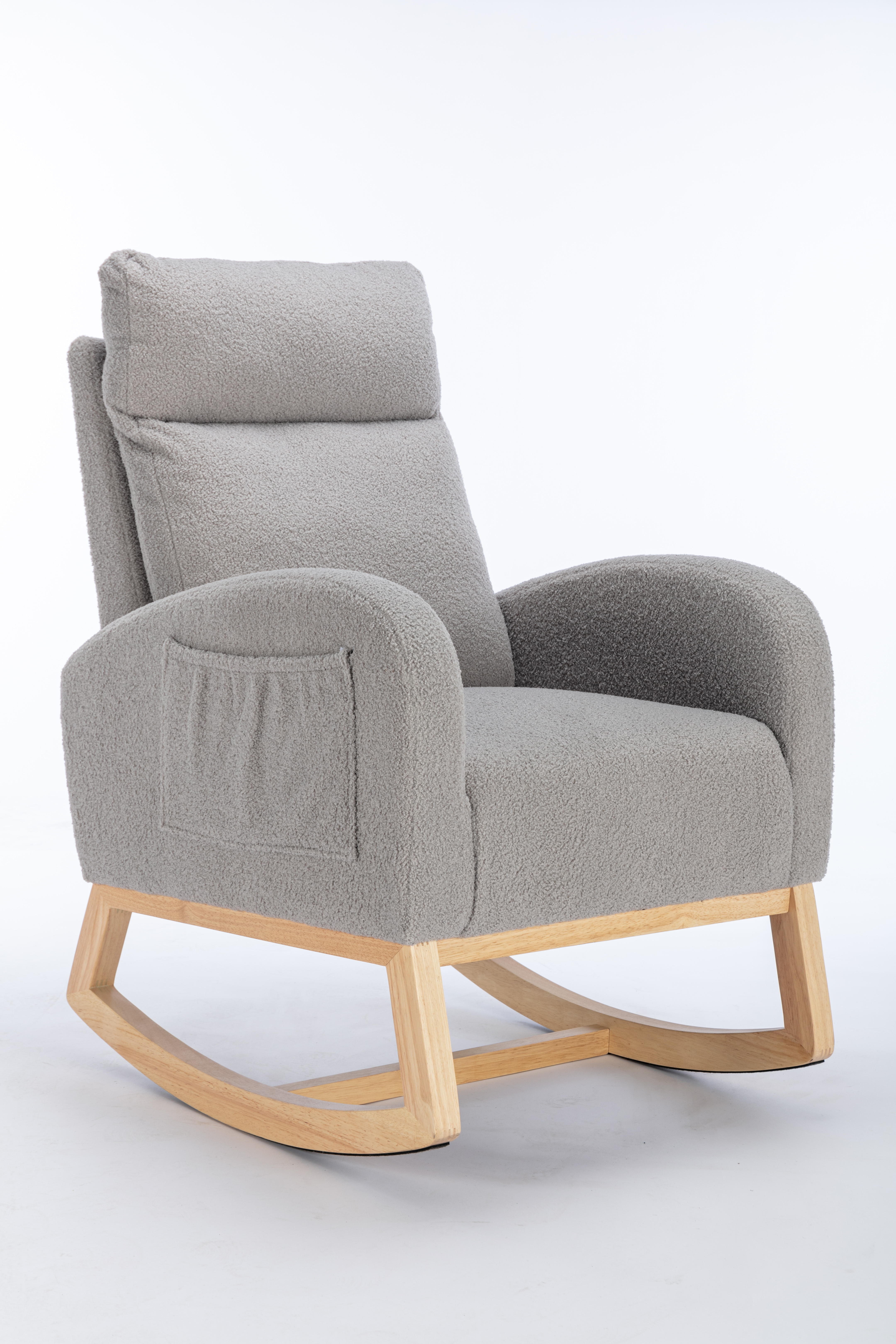 Mid Century Modern Teddy Fabric Upholstered Rocking Chair Padded Seat For Living Room Bedroom, Light Grey