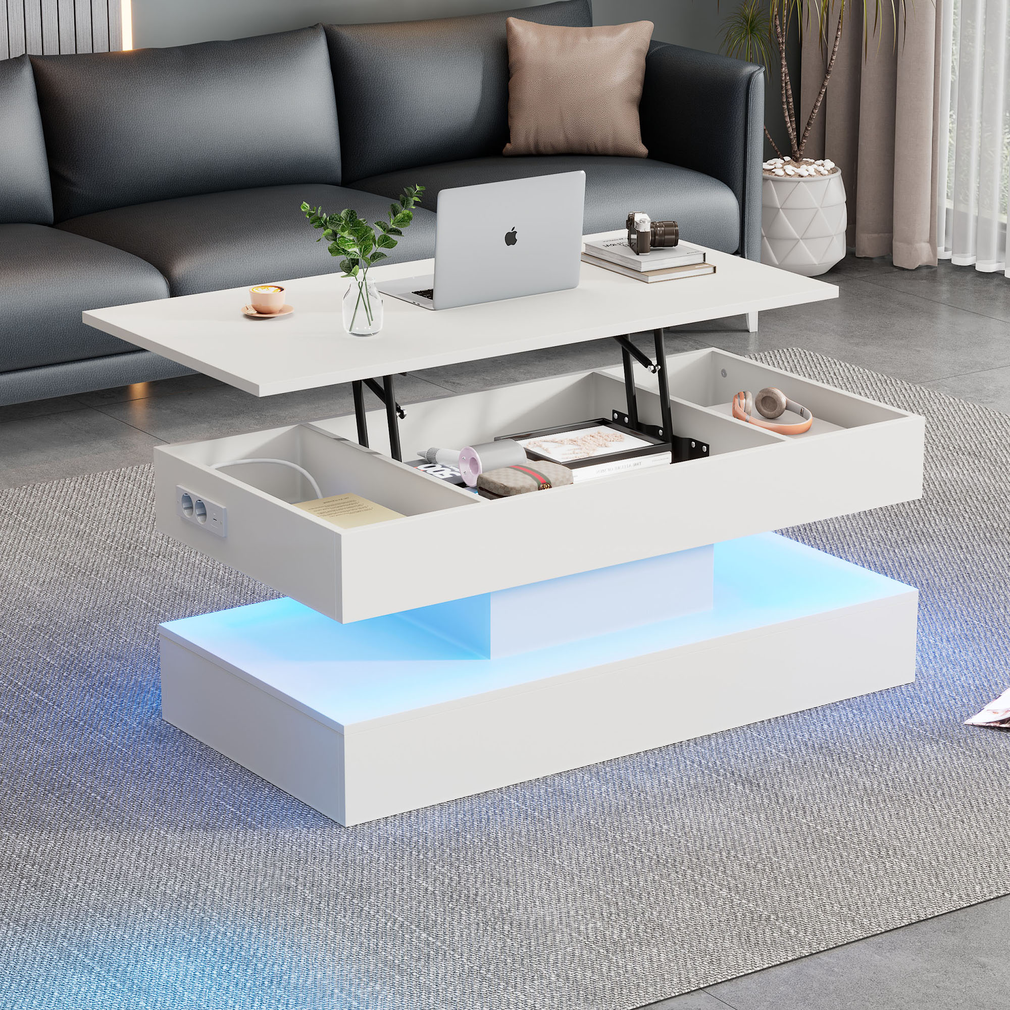 Modern Coffee Table With LED Lighting And Hidden Storage Space - Side Table With Hydraulic Lift, 100x50x42 Cm