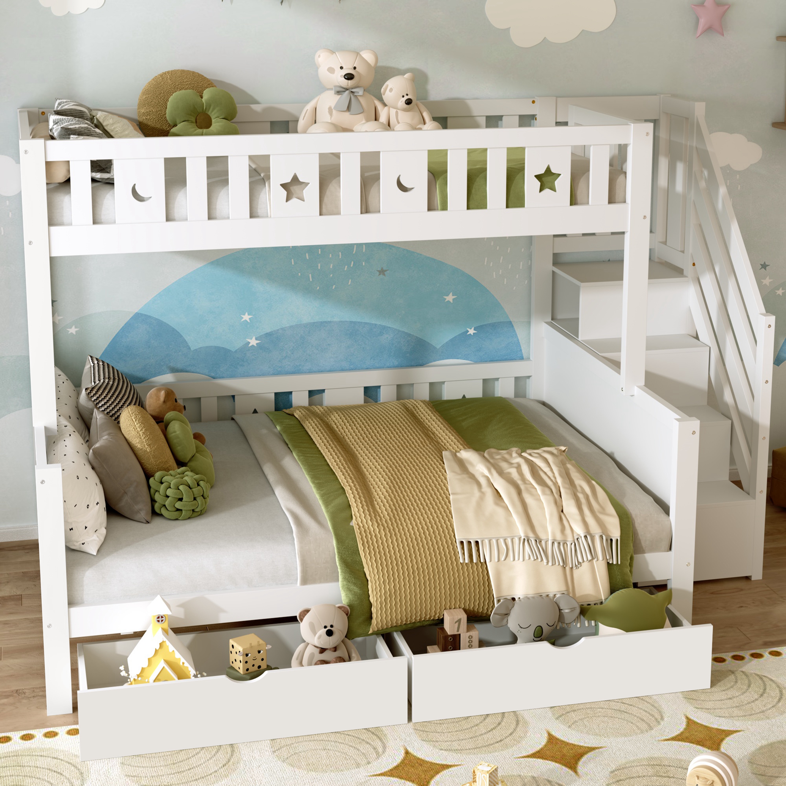 Bunk Bed With Two Storage Drawers And Side Hidden Storage Compartments, Solid Wood Loft Bed Frame With Space-Saving Design, Safety Guardrails & Staircase, Star And Moon Motifs, White   No Mattress