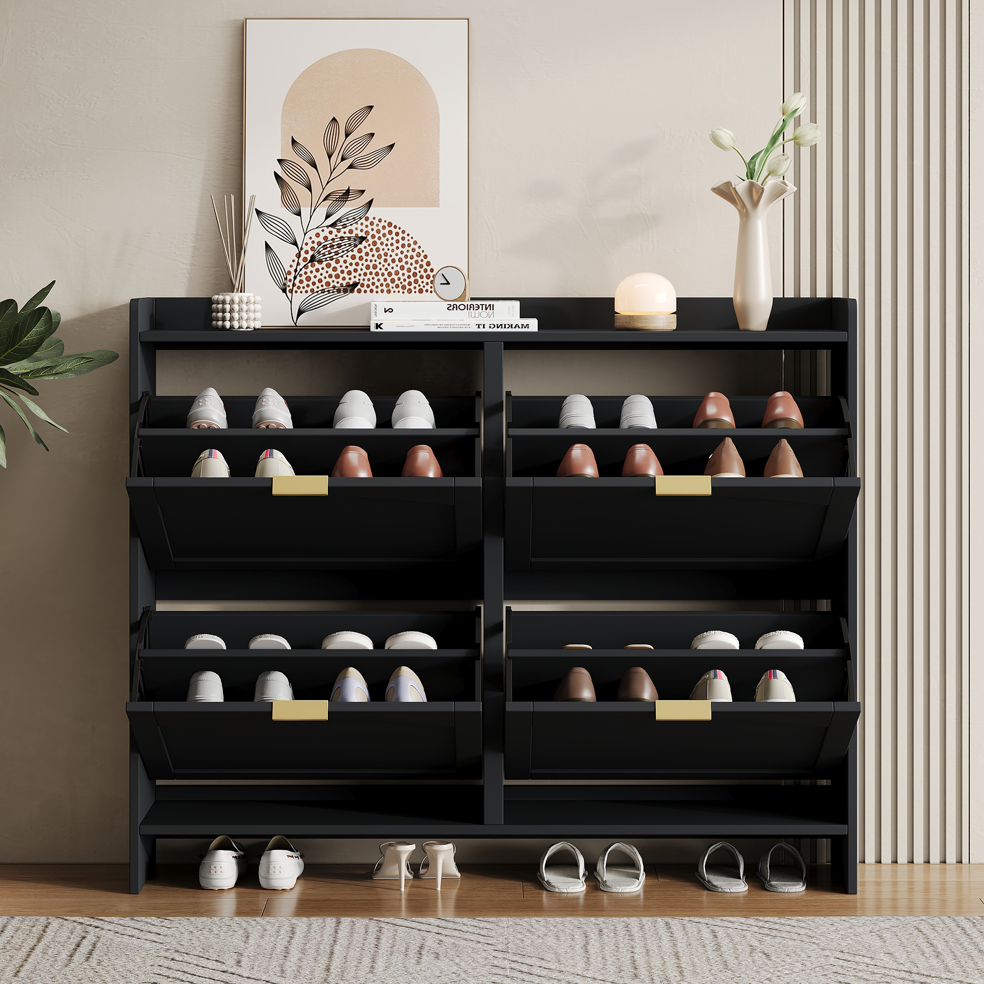 Modern Shoe Cabinet With 4 Flip Drawers, Freestanding Rack Open Shelves — image 5