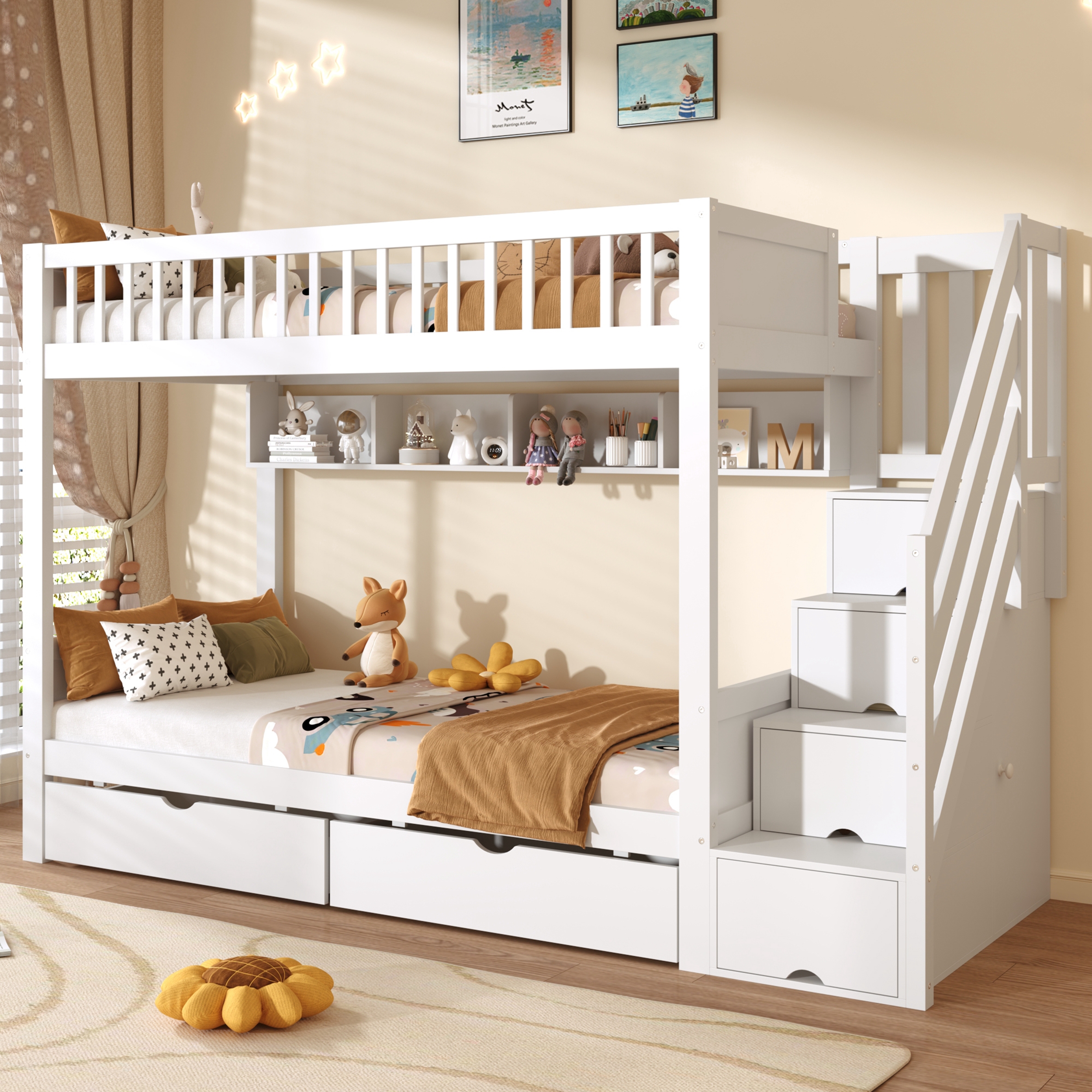 3ft Single Loft Bed With Under Bed Drawers, High-Quality Solid Wood Bunk Bed Frame With Integrated Stairway Storage, Shelving And Hidden Lockers, Safety Guardrails, White   No Mattress