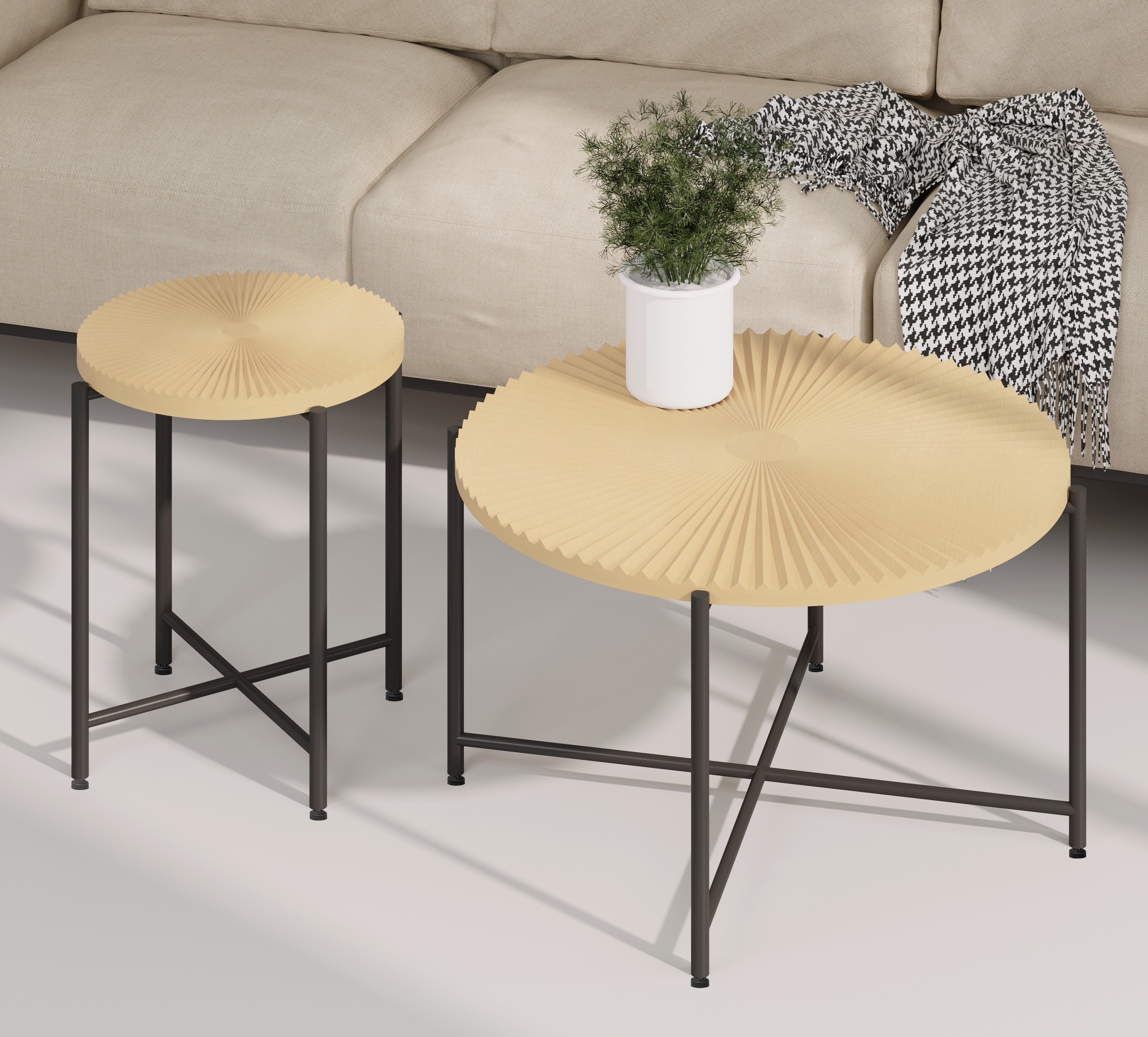Radial Pattern 2-Piece Coffee And End Table Set -Waterproof MDF With PVC Cover, Distressed Cylindrical Design, Black Metal Legs - Classic Rustic Charm, Technical Wood