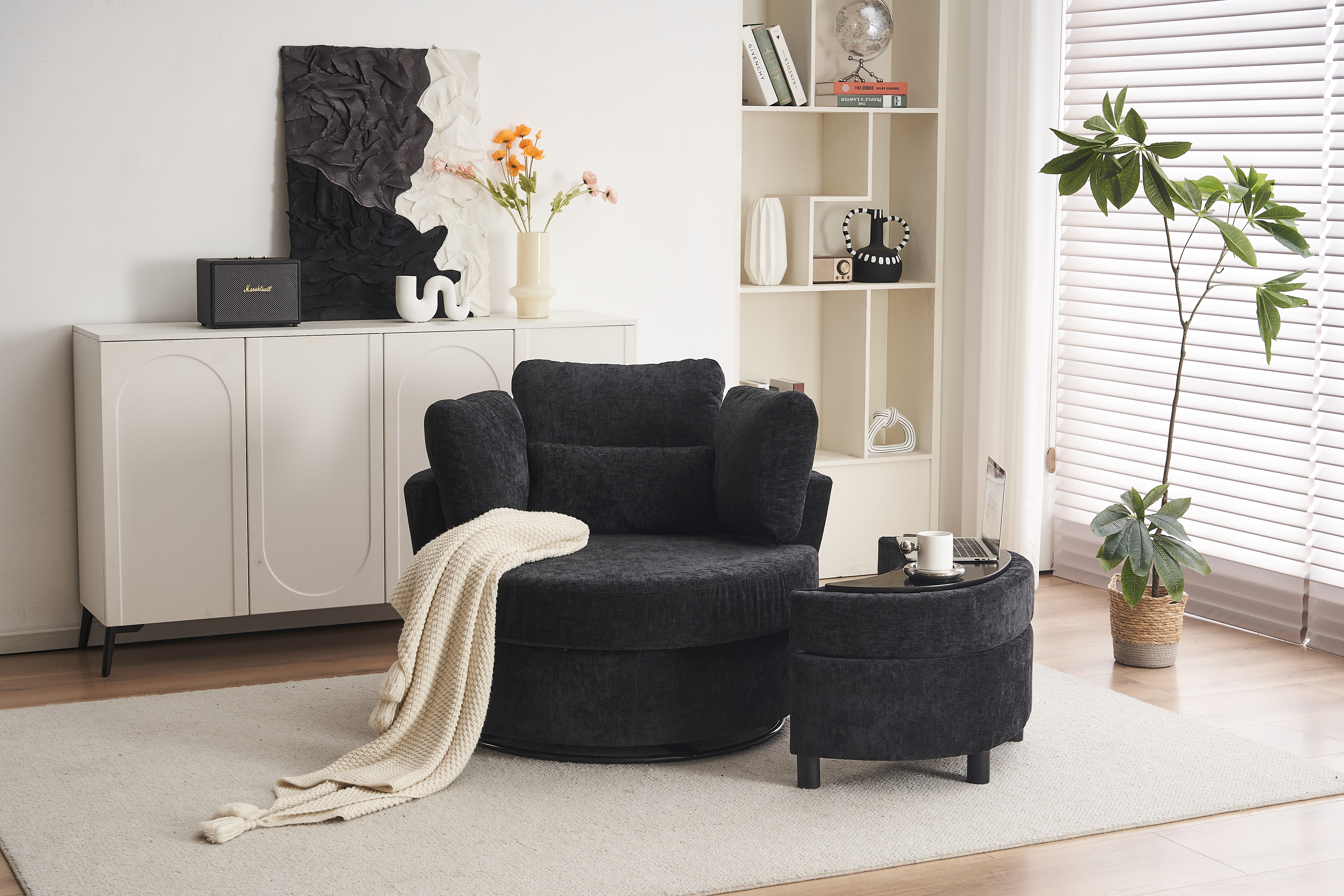 Chenille Swivel Armchair With 3 Back Cushion Pillow Ottoman Crescent Stool, Black