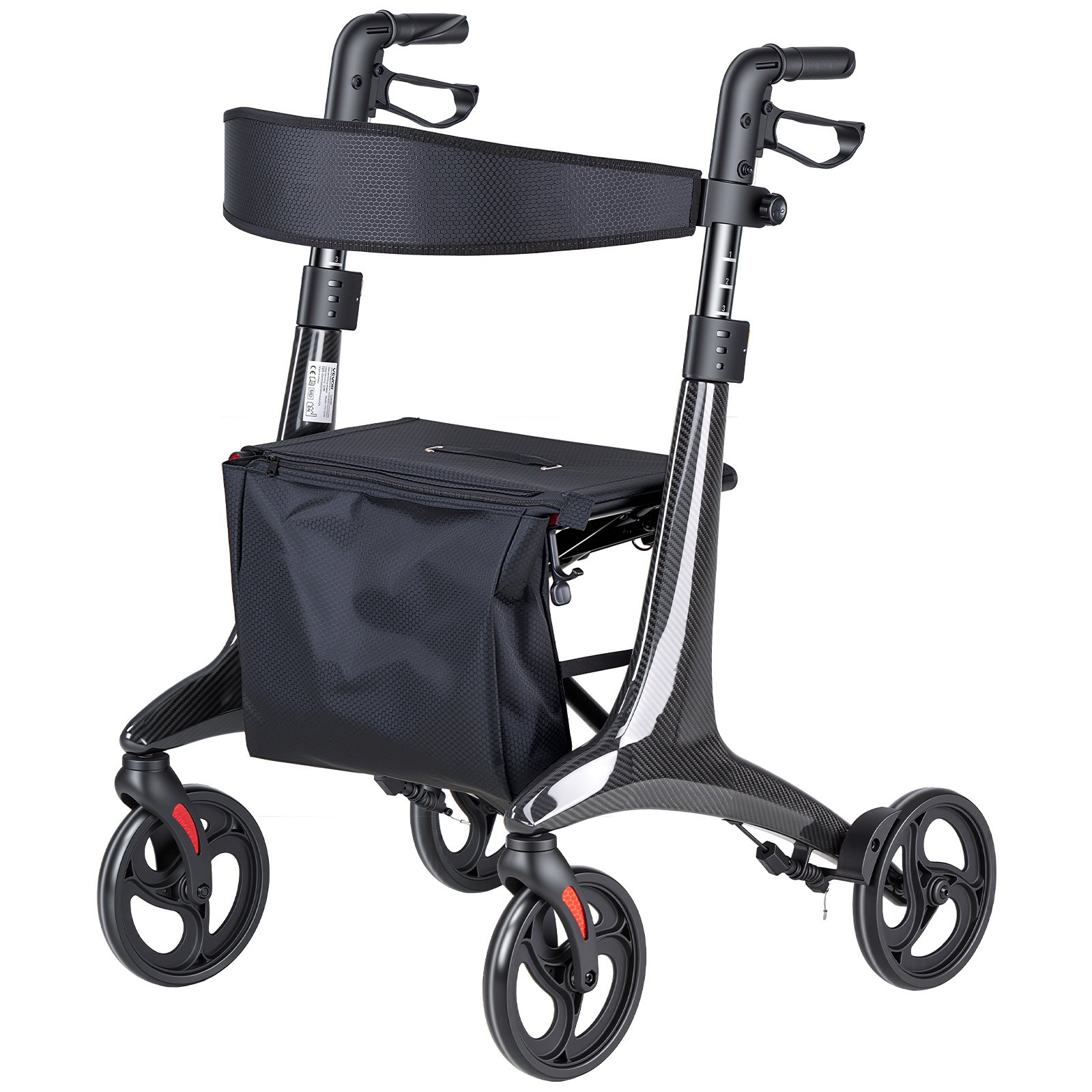 Rollator Walker With Seat For Seniors, Foldable Lightweight Rolling Walker, Carbon Fiber Mobility Walking Aid With 8 Solid PVC Wheels And Adjustable Handle - Supports Up To 300LBS