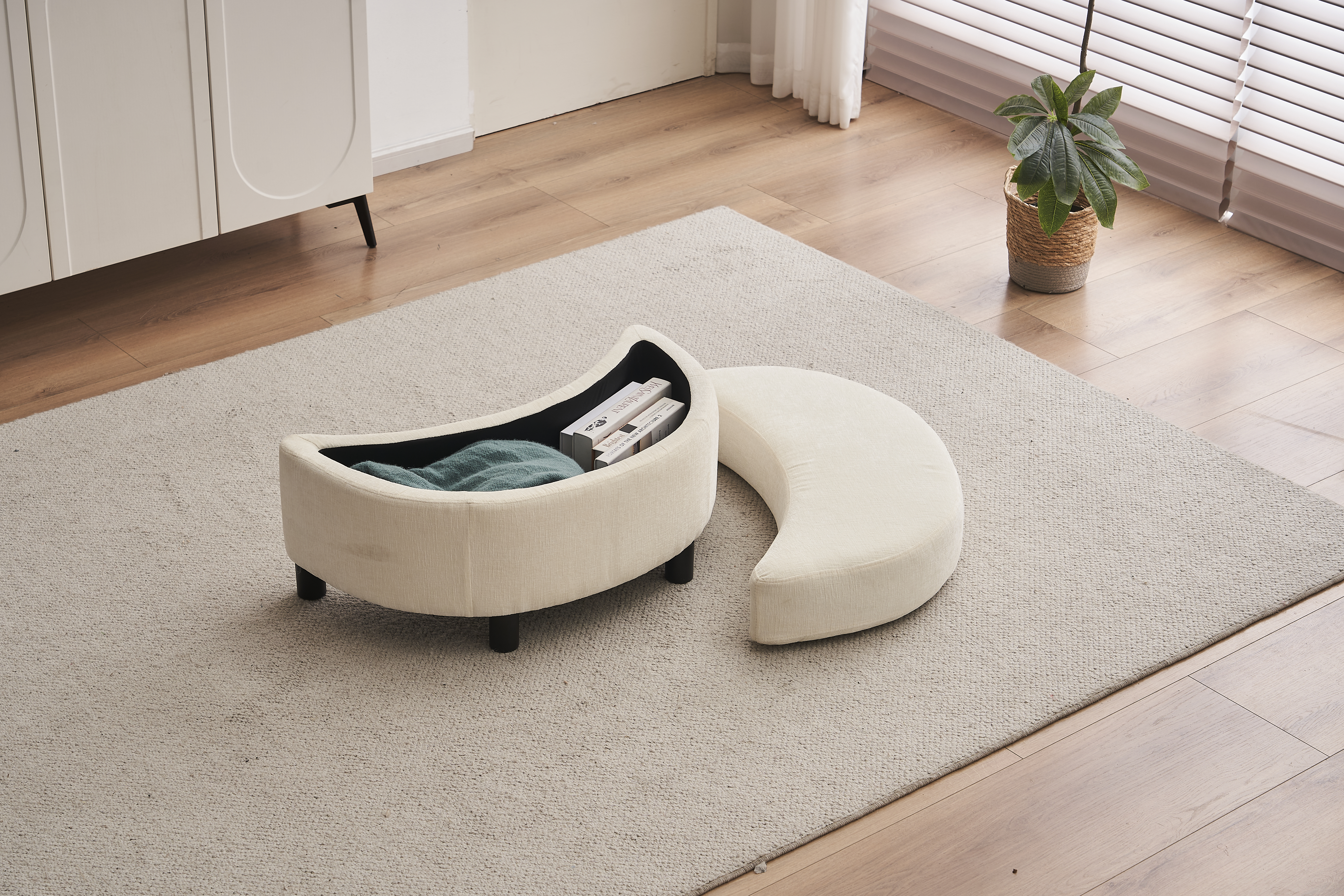 Chenille Swivel Armchair With 3 Back Cushion Pillow Ottoman Crescent Stool, Ivory