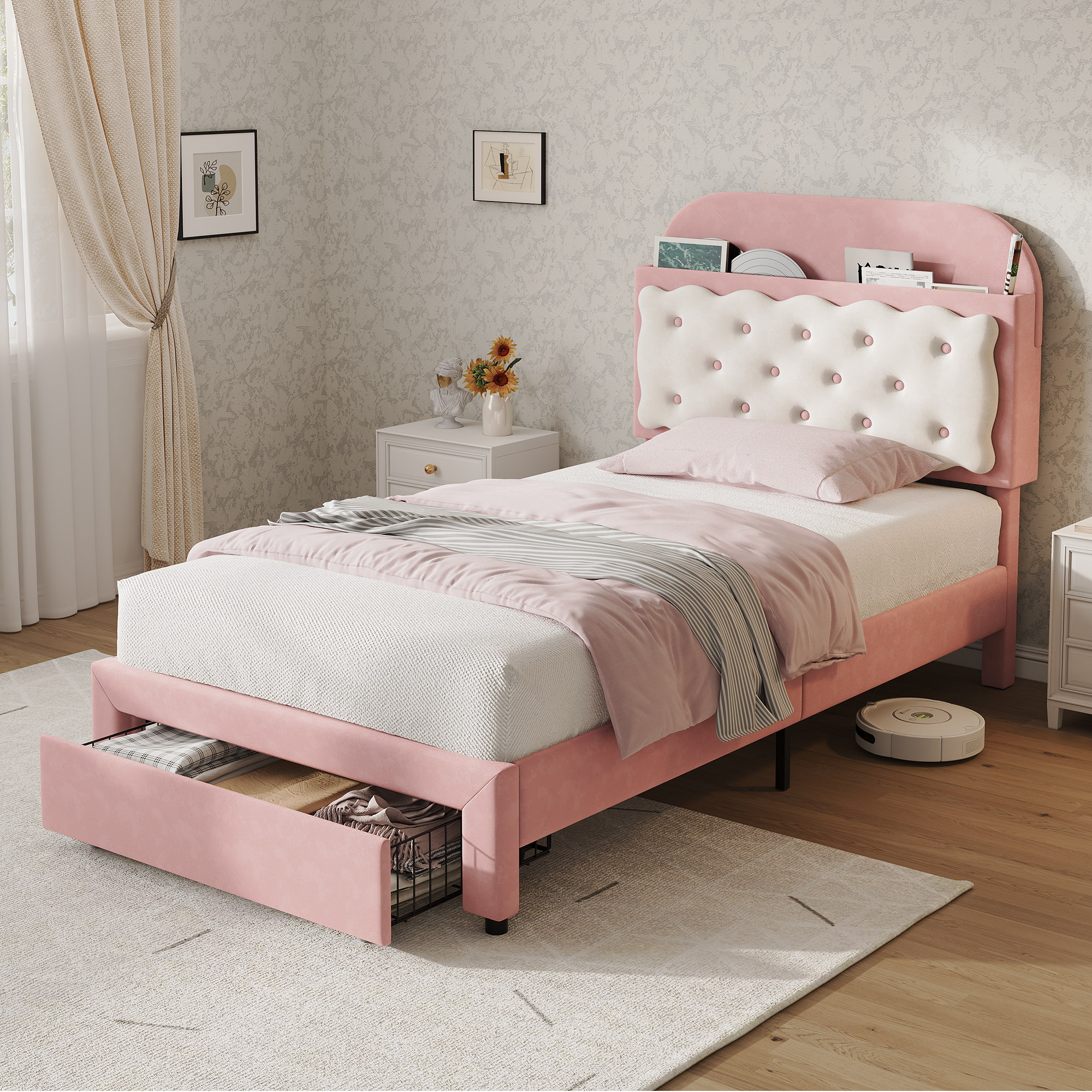 3ft Single Velvet Upholstered Bed Frame, Adjustable Cookie Shaped Storage Headboard With Storage Drawer At Bed End, No Box Spring Needed, Easy Assembly, Cream White   No Mattress