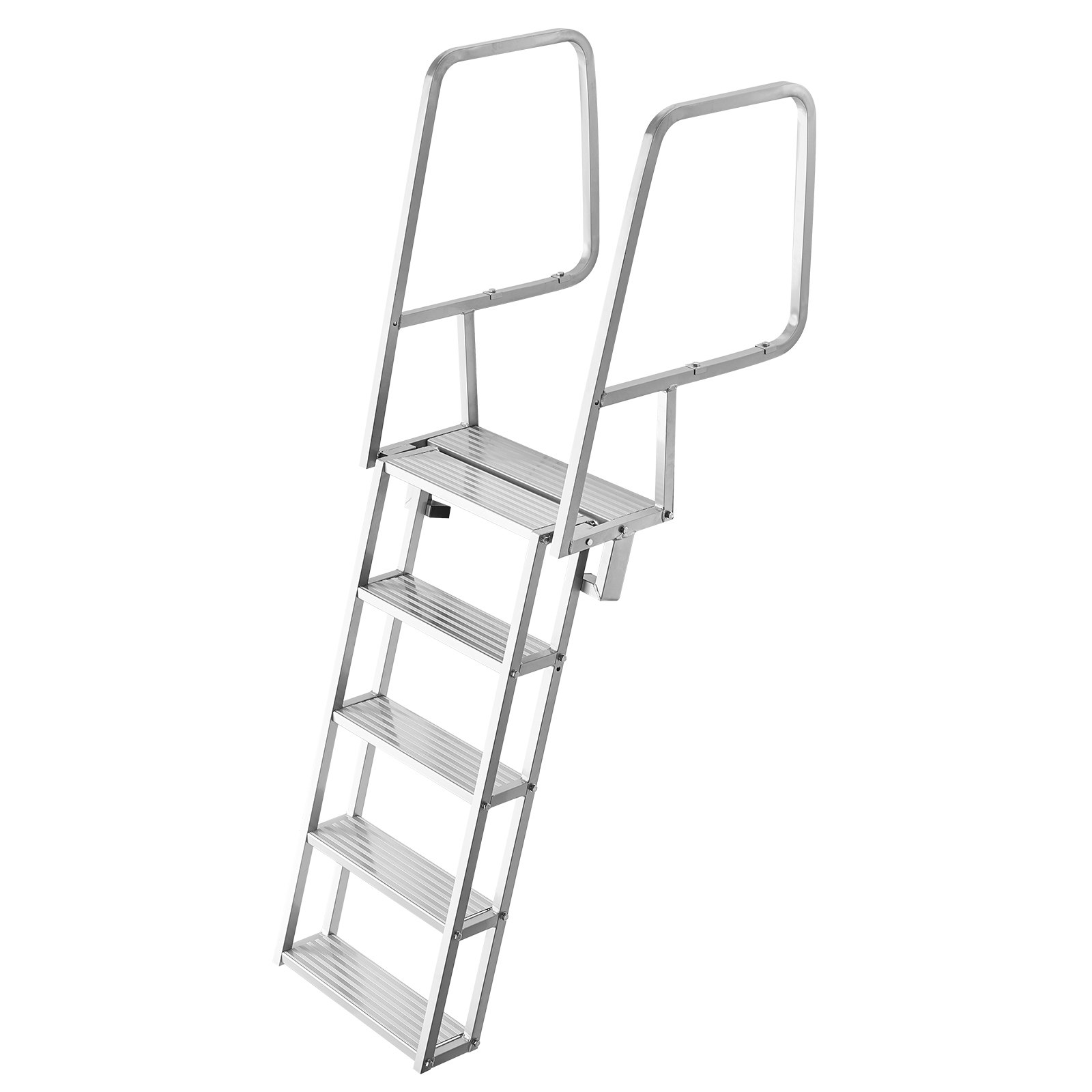 Flip-Up Dock Ladder, 5-Step, Heavy-Duty Aluminum Alloy Pontoon Boat Swim Ladder, With Non-Slip Wide Steps, 350 Lbs Weight Capacity, Pull Rope Assist, Comfort Use For Lake Pool Marine Boarding