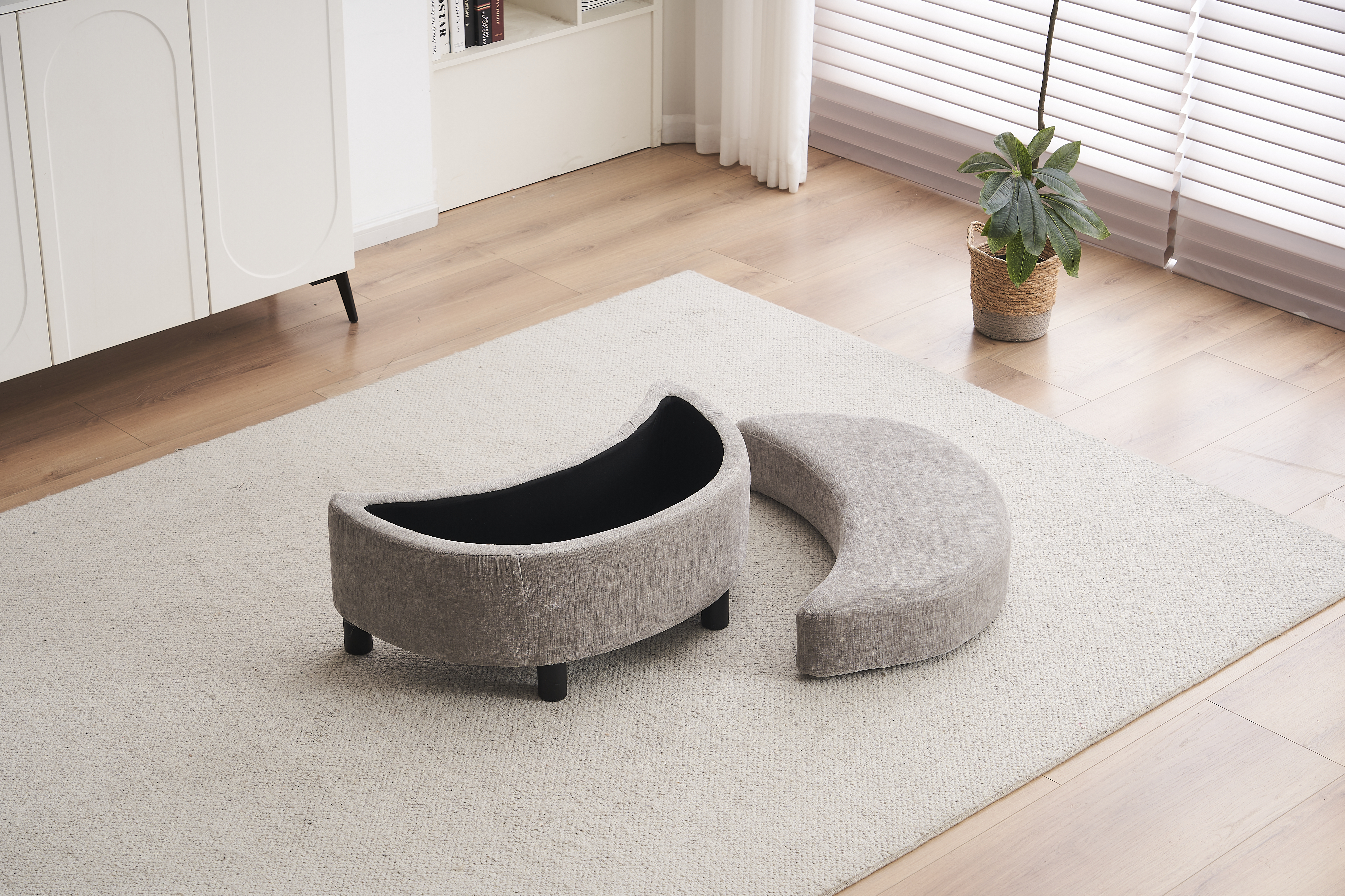 Chenille Swivel Armchair With 3 Back Cushion Pillow Ottoman Crescent Stool