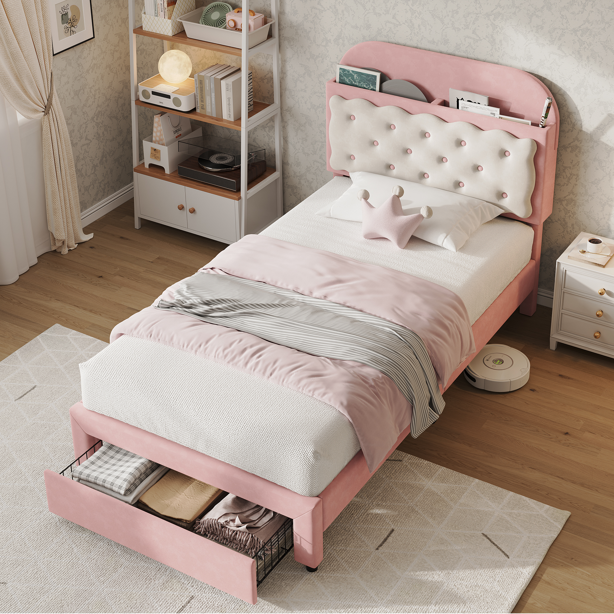 3ft Single Velvet Upholstered Bed Frame, Adjustable Cookie Shaped Storage Headboard With Storage Drawer At Bed End, No Box Spring Needed, Easy Assembly, Cream White   No Mattress