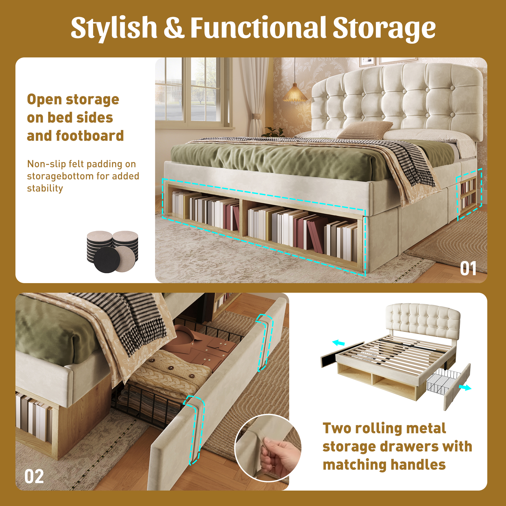 Upholstered Double Bed With Storage Compartments And Drawers, 4ft6 Double Bed With Adjustable Headboard, 135 X 190 Cm, Velvet, Beige   No Mattress