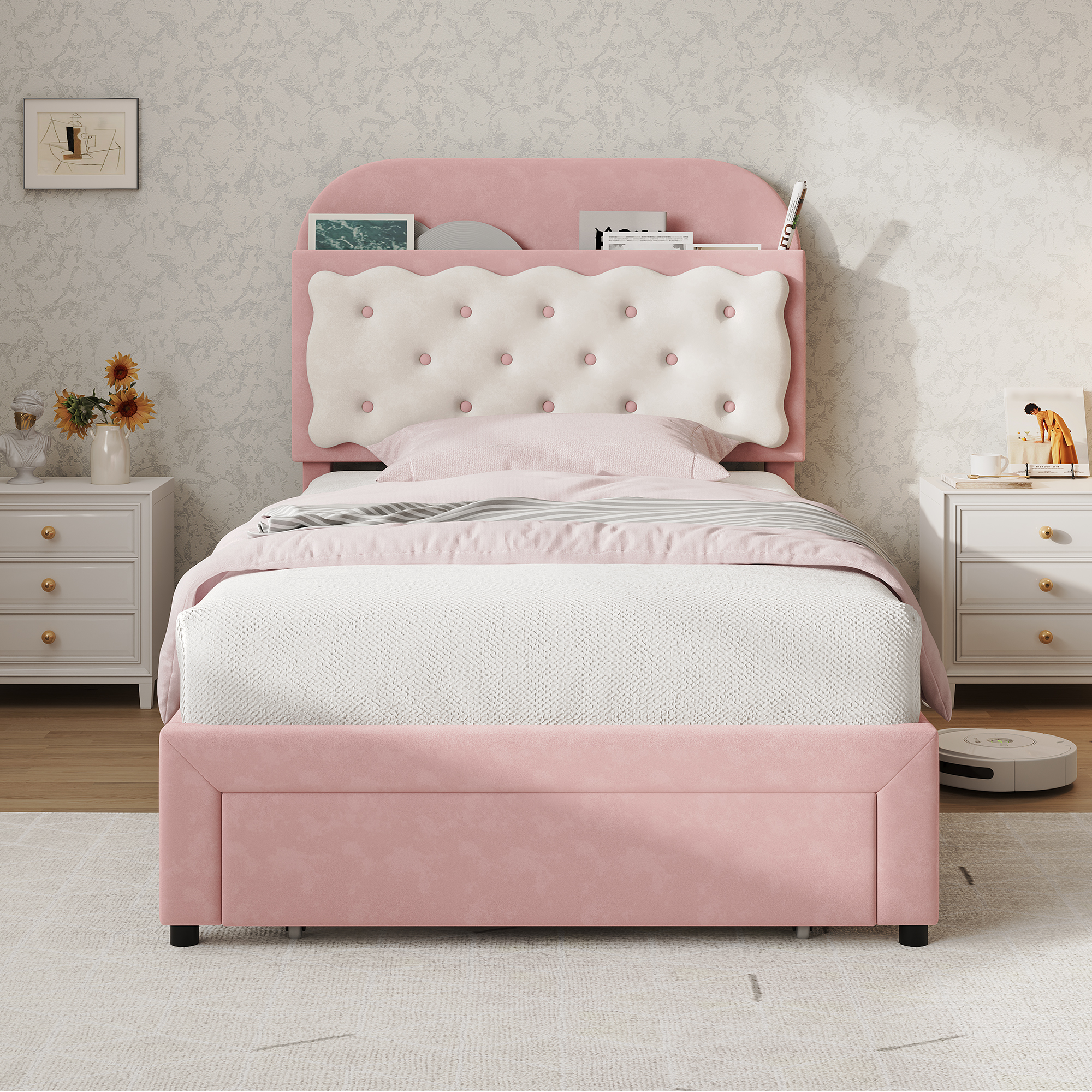 3ft Single Velvet Upholstered Bed Frame, Adjustable Cookie Shaped Storage Headboard With Storage Drawer At Bed End, No Box Spring Needed, Easy Assembly, Cream White   No Mattress