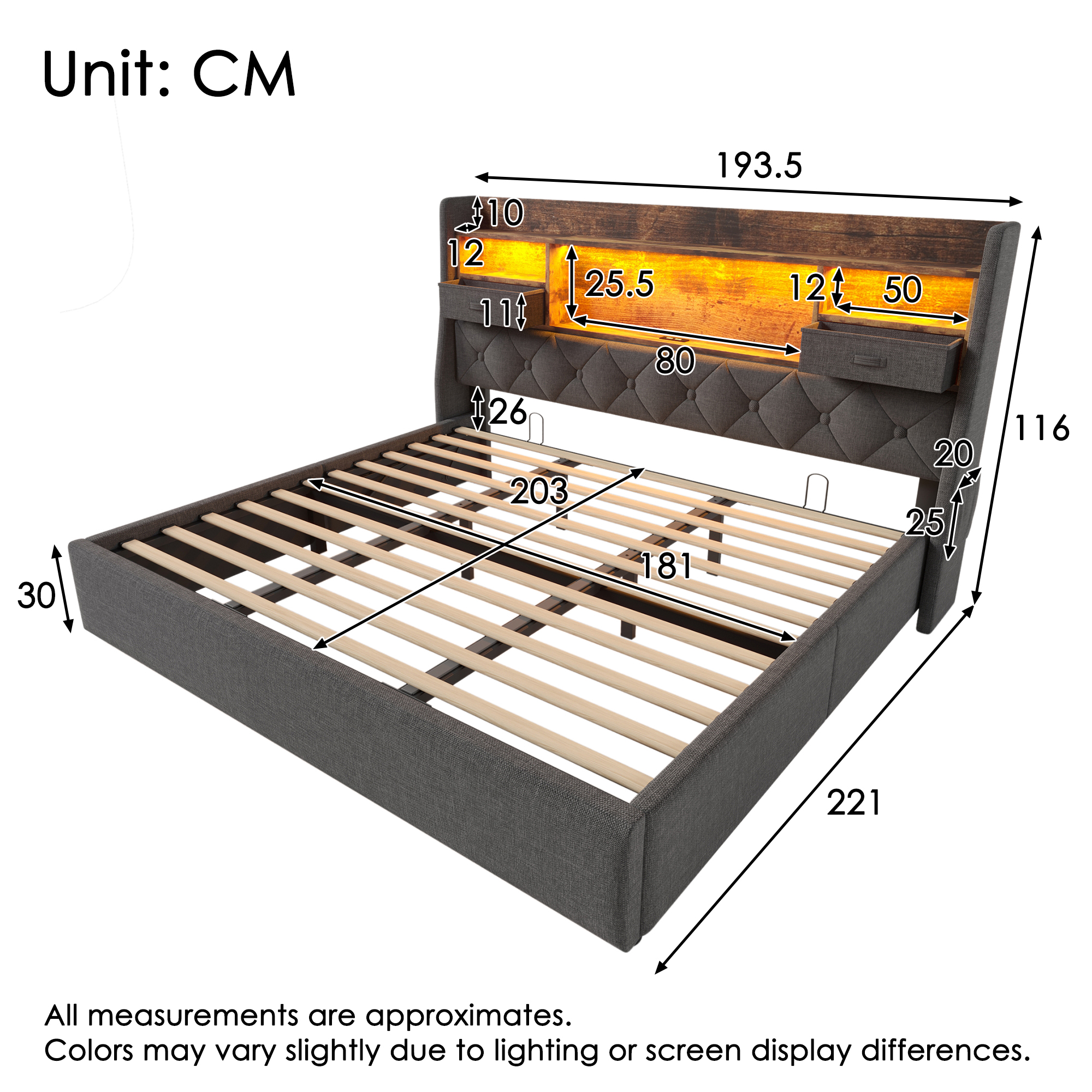 Upholstered Bed 6ft Hydraulic Bed With LED Lighting, USB Type-C Charging, Storage Headboard For Cellphones & Tablets, 180 X 200 Cm Super King Bed With Metal Slatted Frame, Linen, Grey   No Mattress